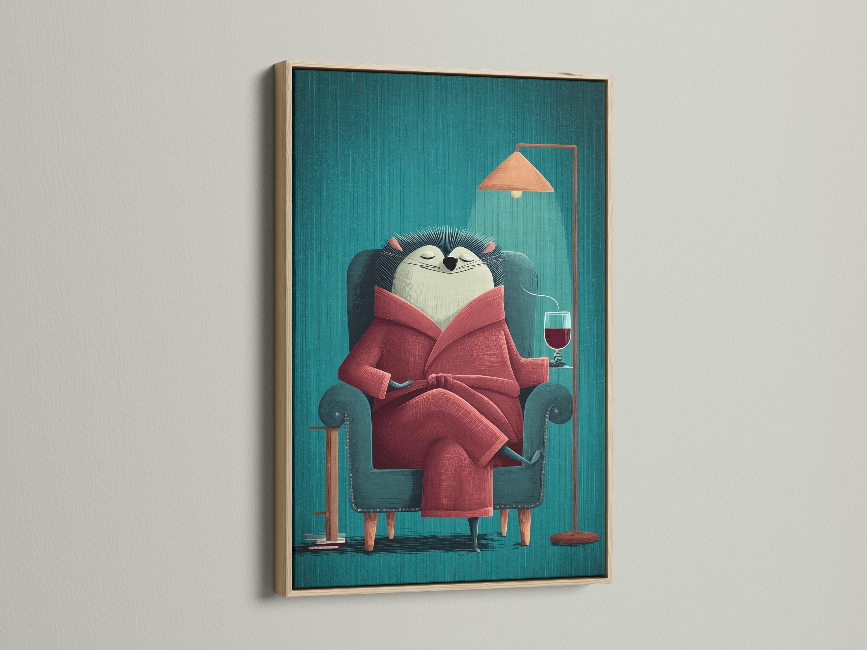 A hedgehog in a teal armchair reads a large red book, outlined by stylised quills on a striped teal background with an orange lamp and a wine glass