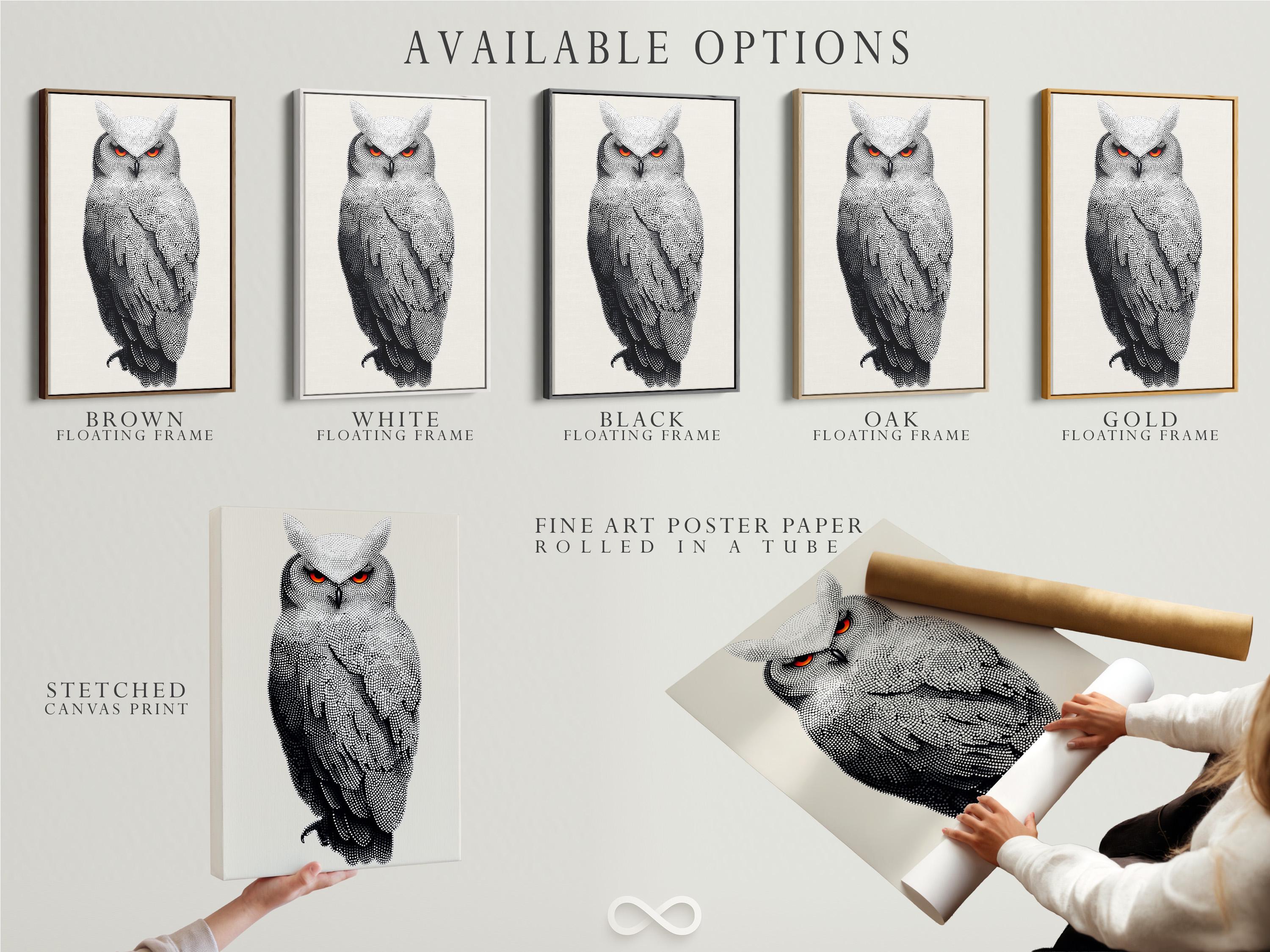 Dotted owl artwork in black and white with bright red-orange eyes detail view