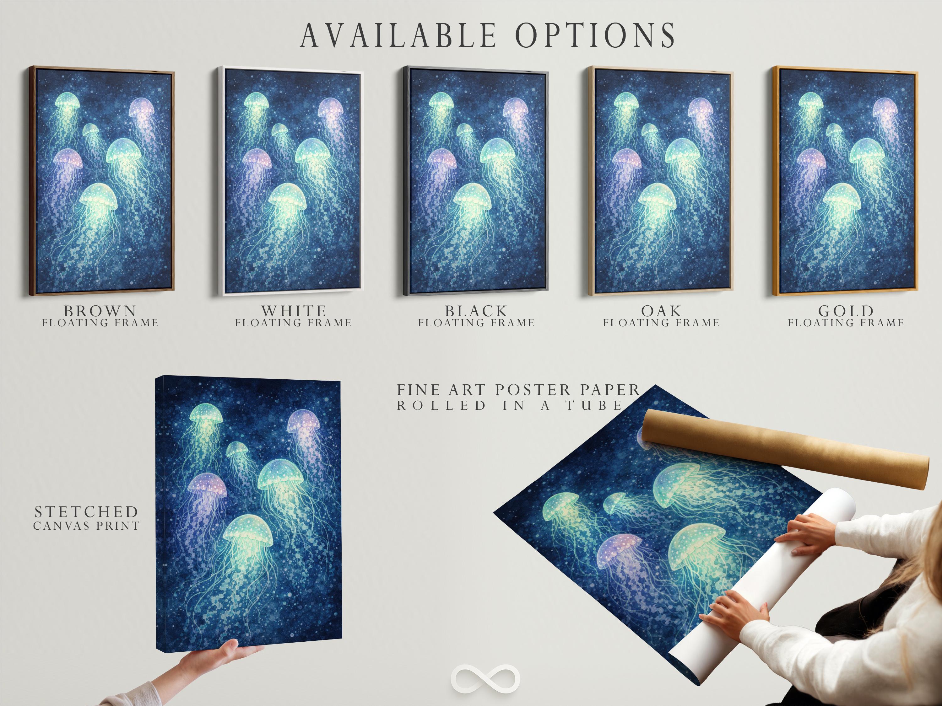 Glowing jellyfish in deep blue water with mint, aqua and lilac tones detail view