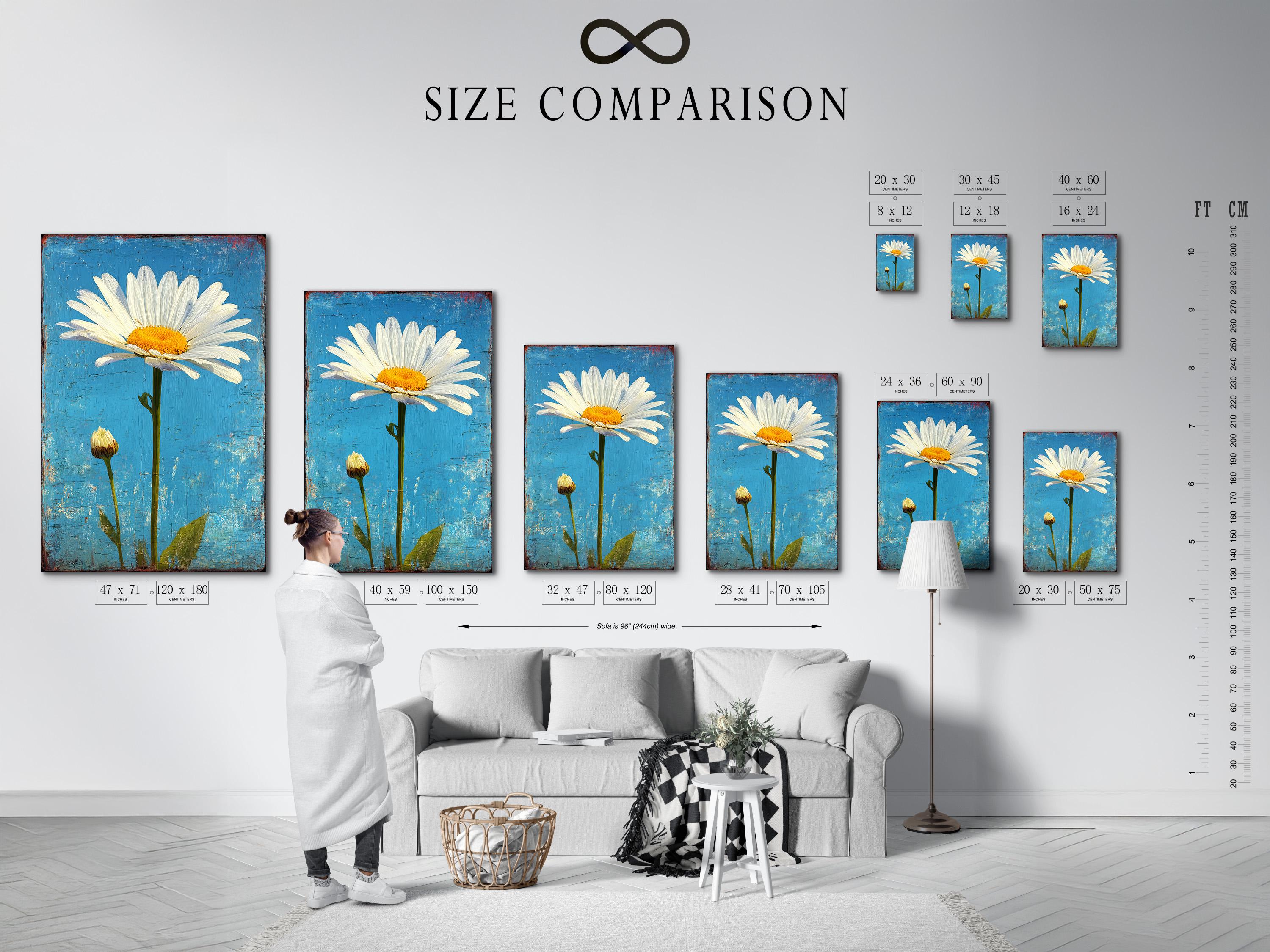 Daisy wall art in a framed mockup on a light background with other frame options