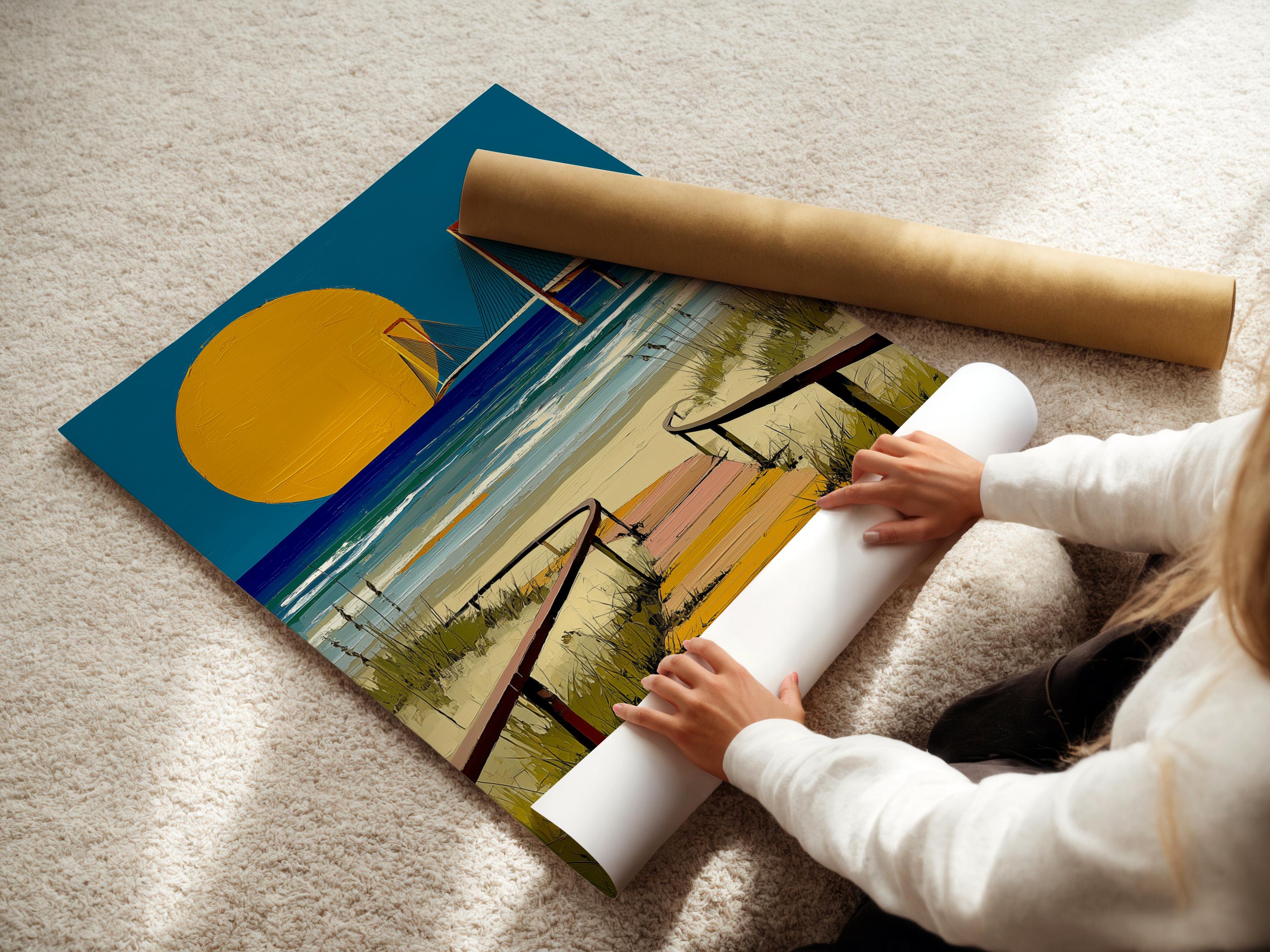 Portrait coastal artwork with golden sun, blue ocean, and a bridge over waves detail view