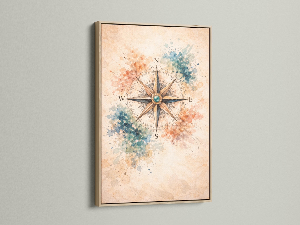 Compass rose with teal centre, directional tips and vintage map linework over cream background detail view
