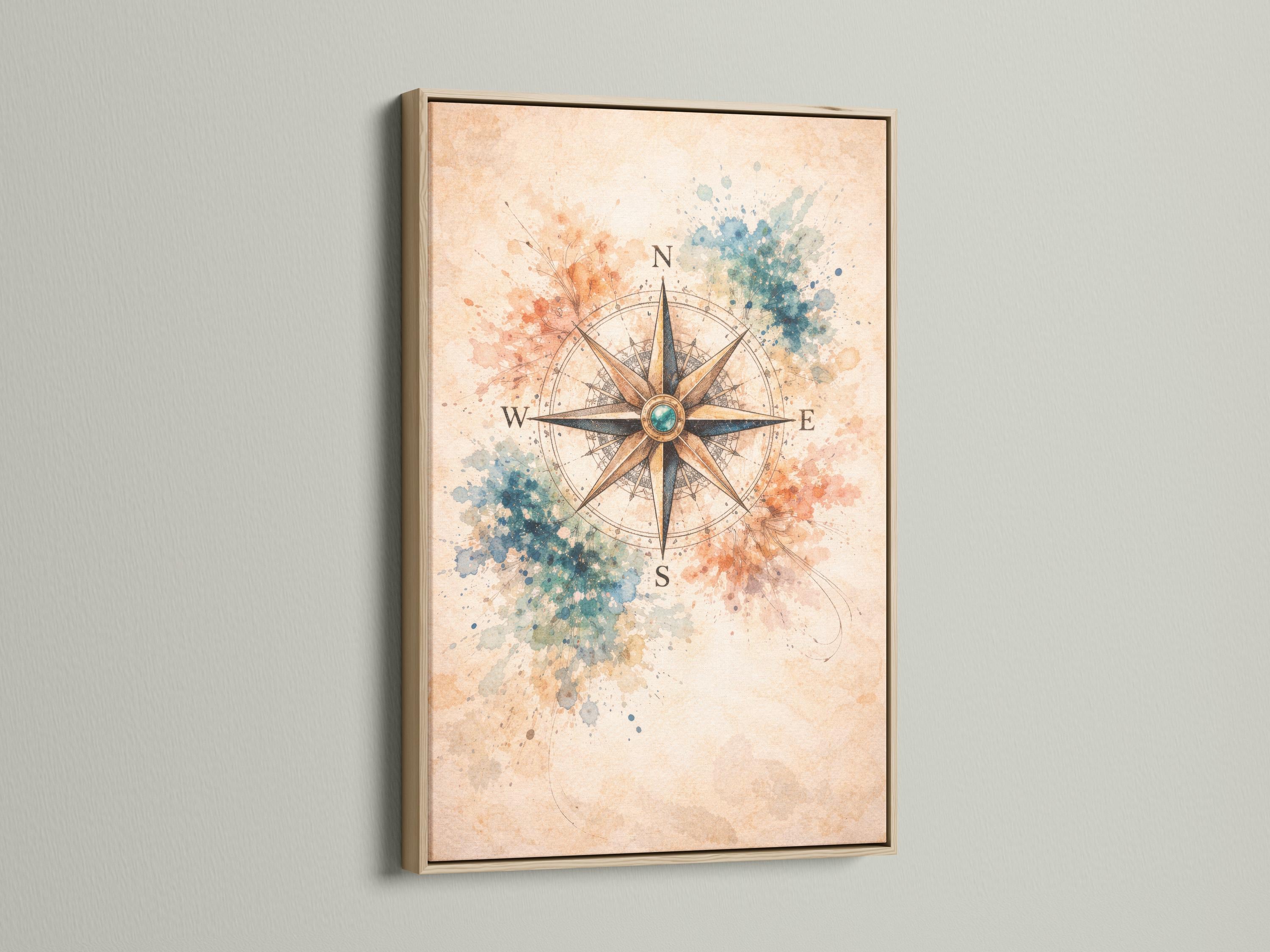 Compass rose with teal centre, directional tips and vintage map linework over cream background detail view