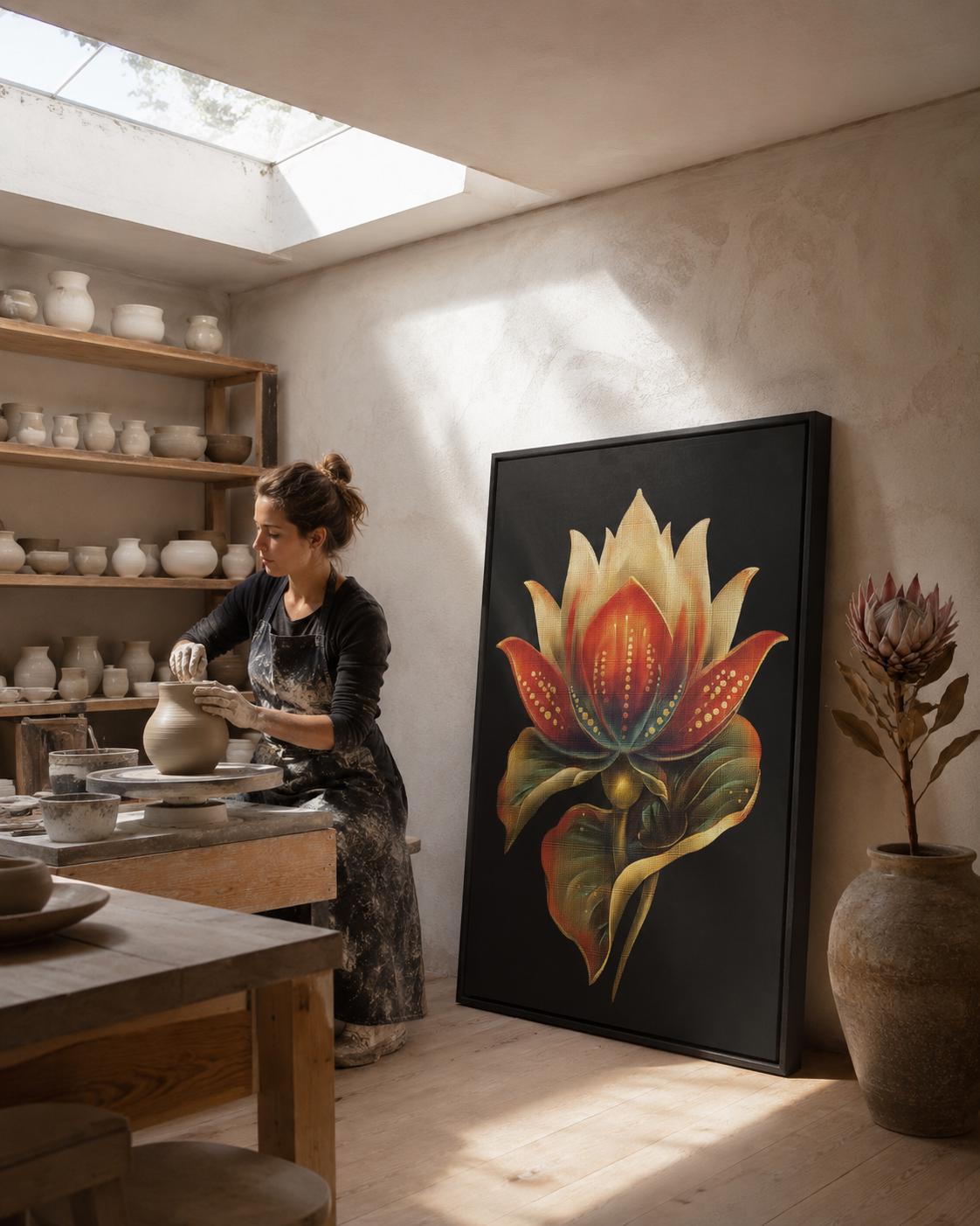 Person in a beige outfit standing beside a plant, with a lotus flower framed artwork above a wooden bench