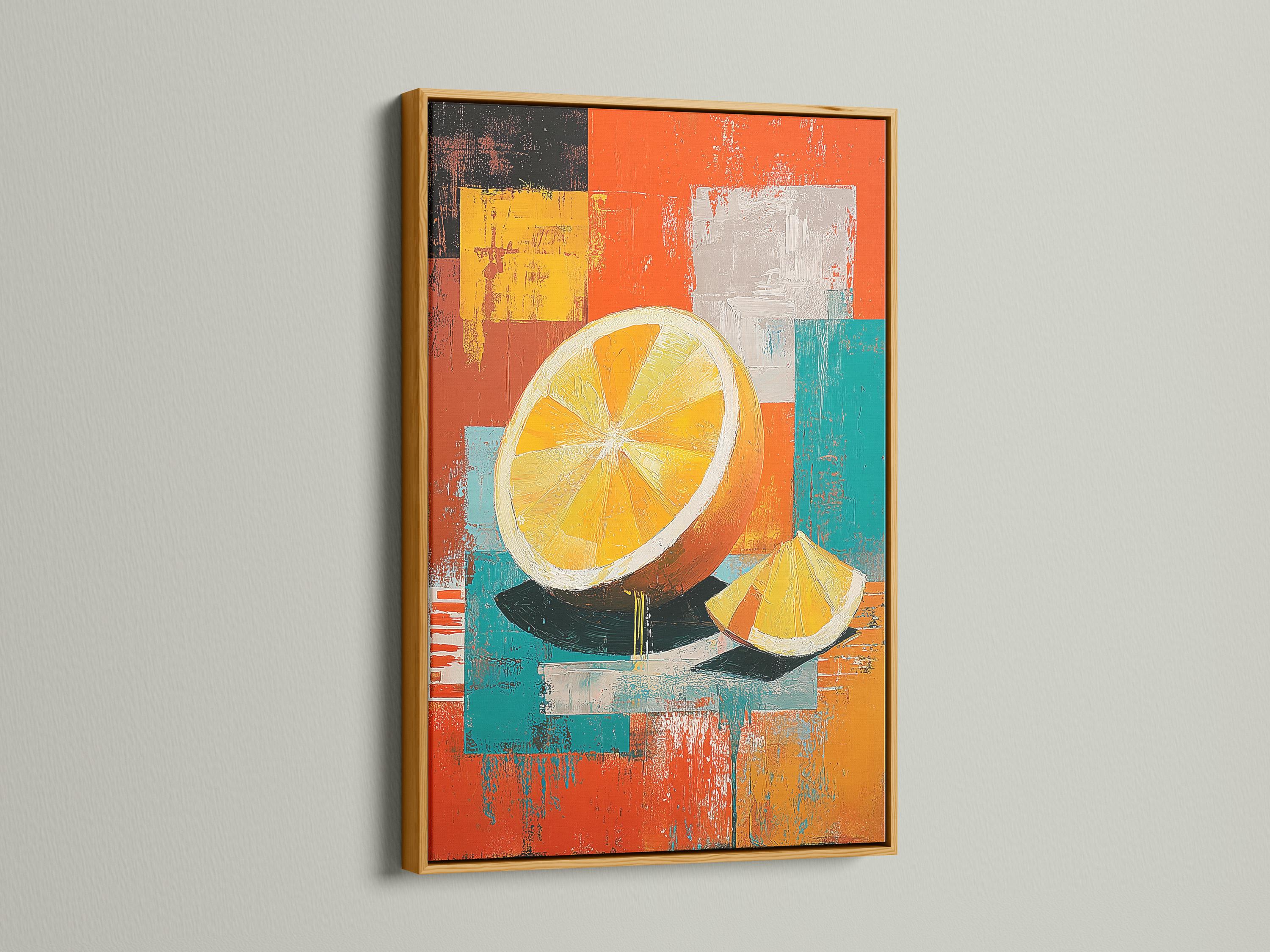 A bold orange-yellow citrus slice motif sits over layered patchwork blocks in orange, teal, yellow and charcoal, with painterly, distressed textures