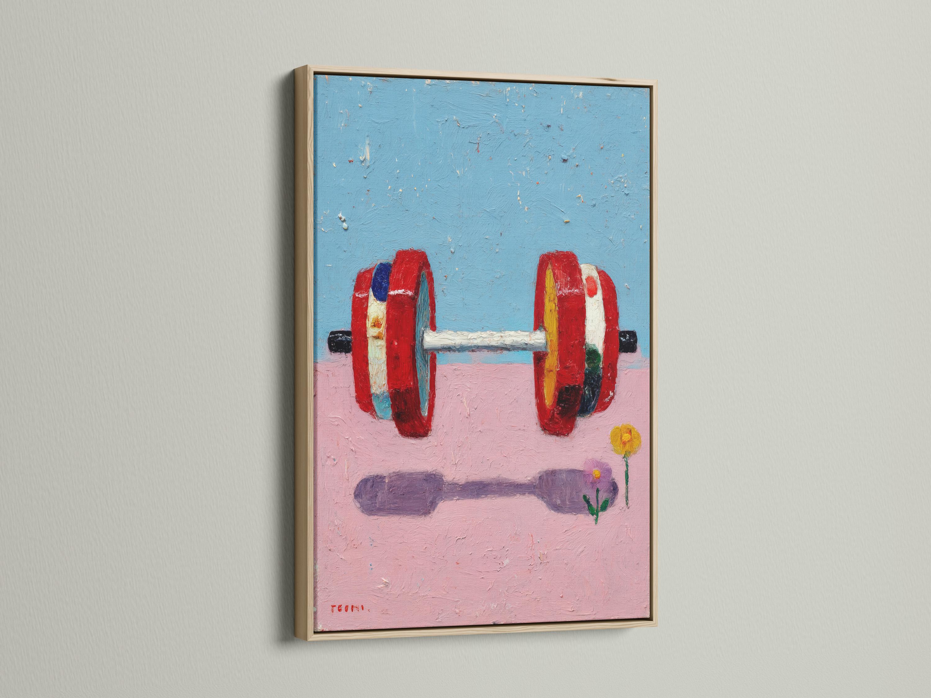 A framed abstract painting shows a brightly coloured weight barbell on a blue-and-pink background with small scattered speckles and a minimal flower