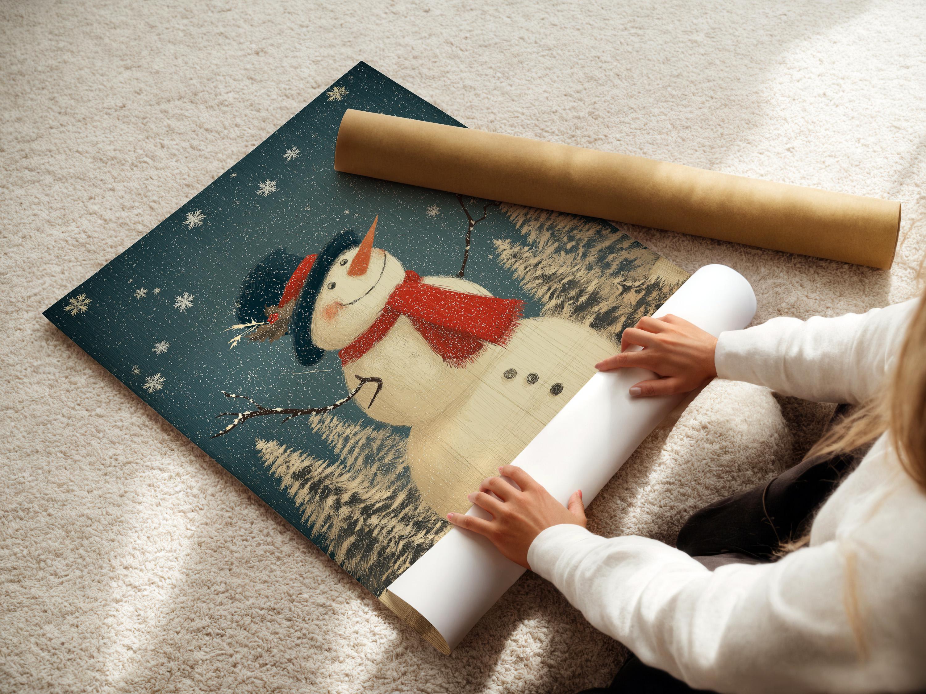Smiling snowman with red scarf and dark hat in a snowy pine forest with falling snow detail view