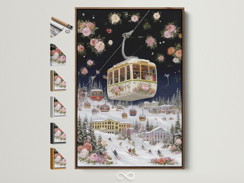 Vintage cable car over a snowy ski village with pink flowers in a winter landscape