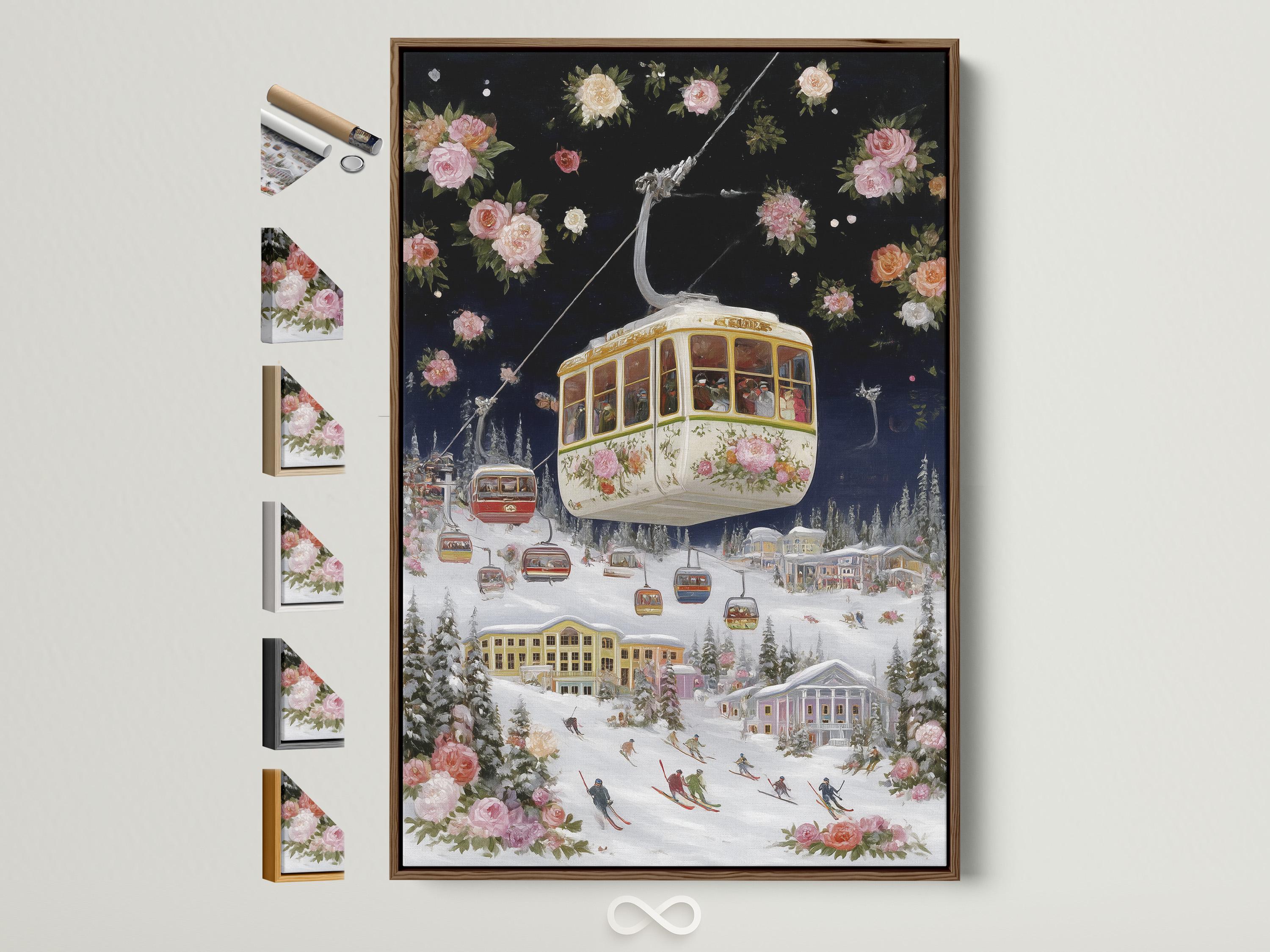 Vintage cable car over a snowy ski village with pink flowers in a winter landscape
