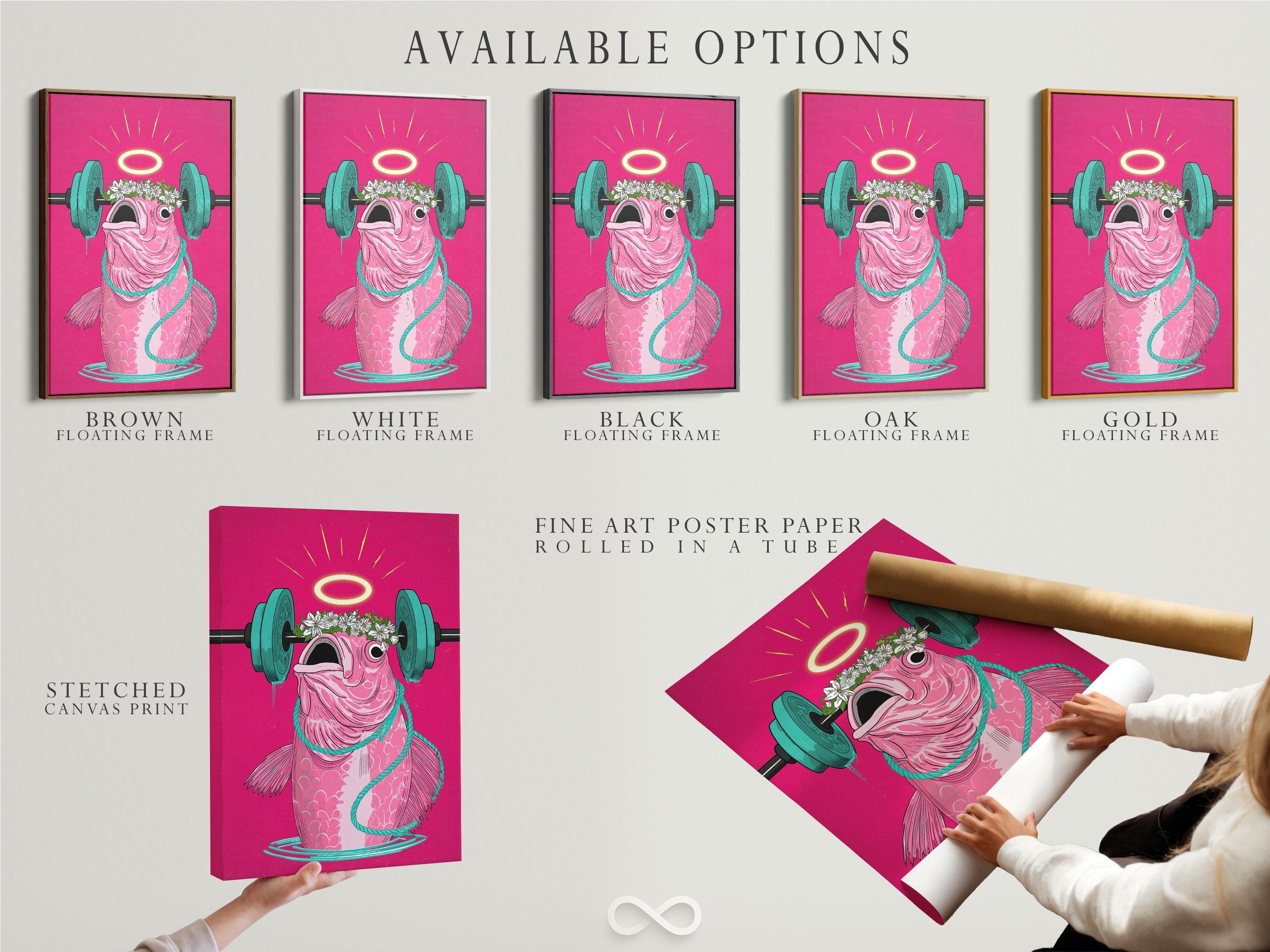 Stylised pink fish lifting a teal barbell with a yellow halo and white flowers detail view