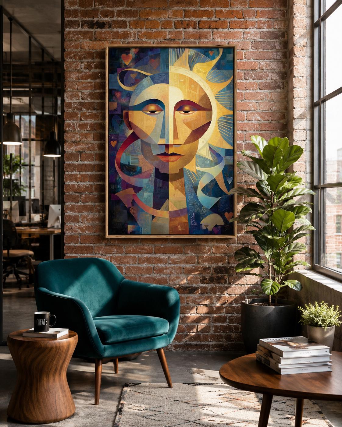 Geometric abstract face with a golden sunburst centre, blue and gold shapes, and small heart motifs detail view