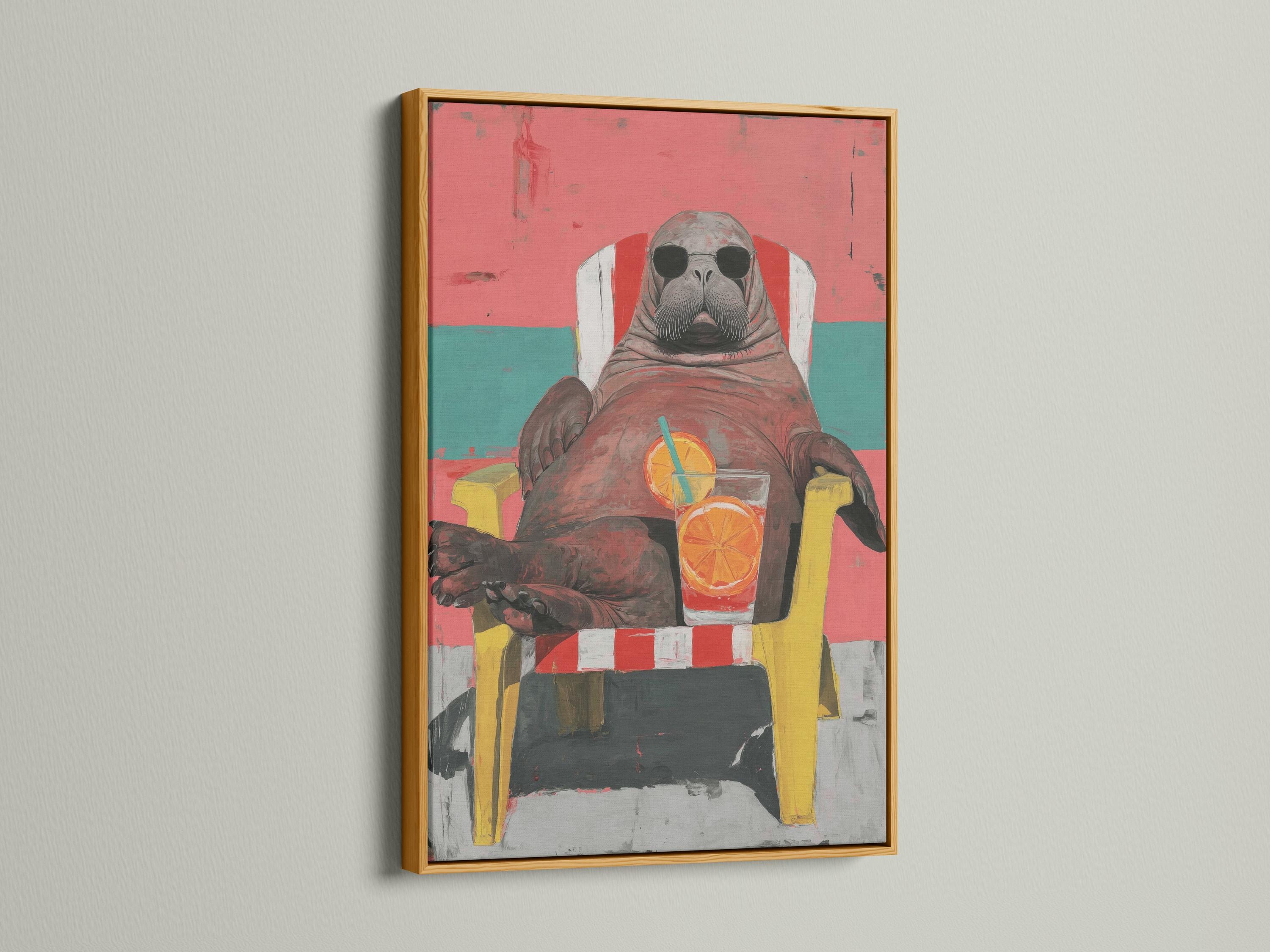 Stylised walrus wearing oversized sunglasses with a coral and teal background and a drink with an orange slice detail view