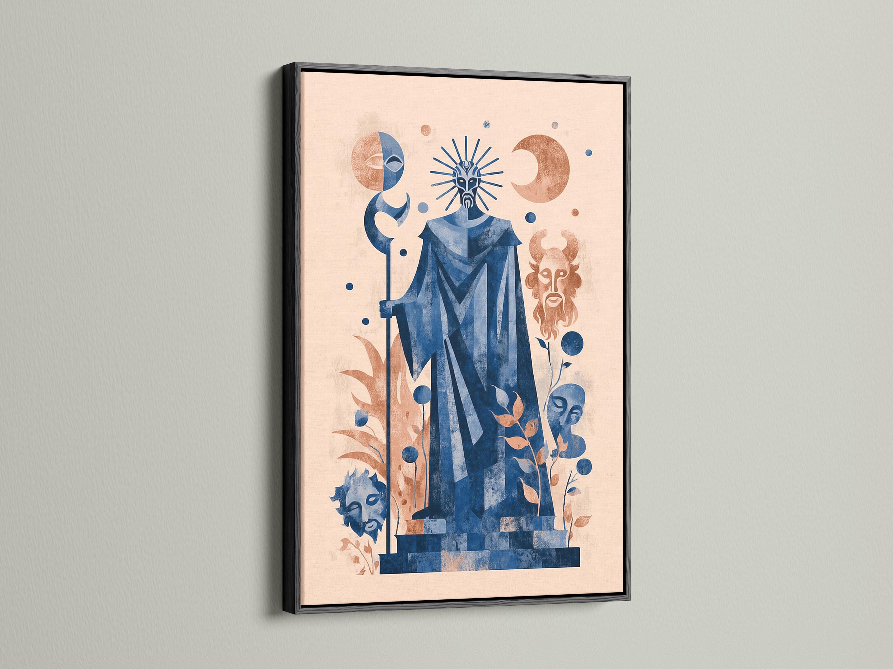 Celestial blue and sage figure with sunburst halo, crescent moons and botanical leaves detail view