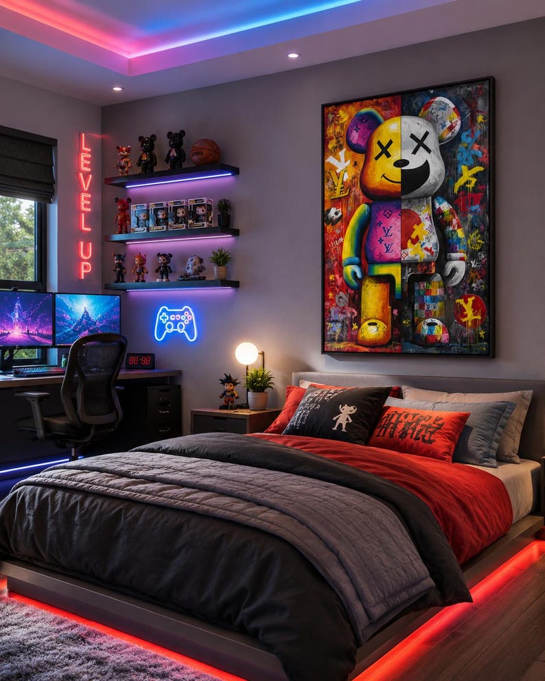 A bright pop-art style bear figure is shown amid graffiti-like colours and stickers, framed by bold black outlines and layered poster textures