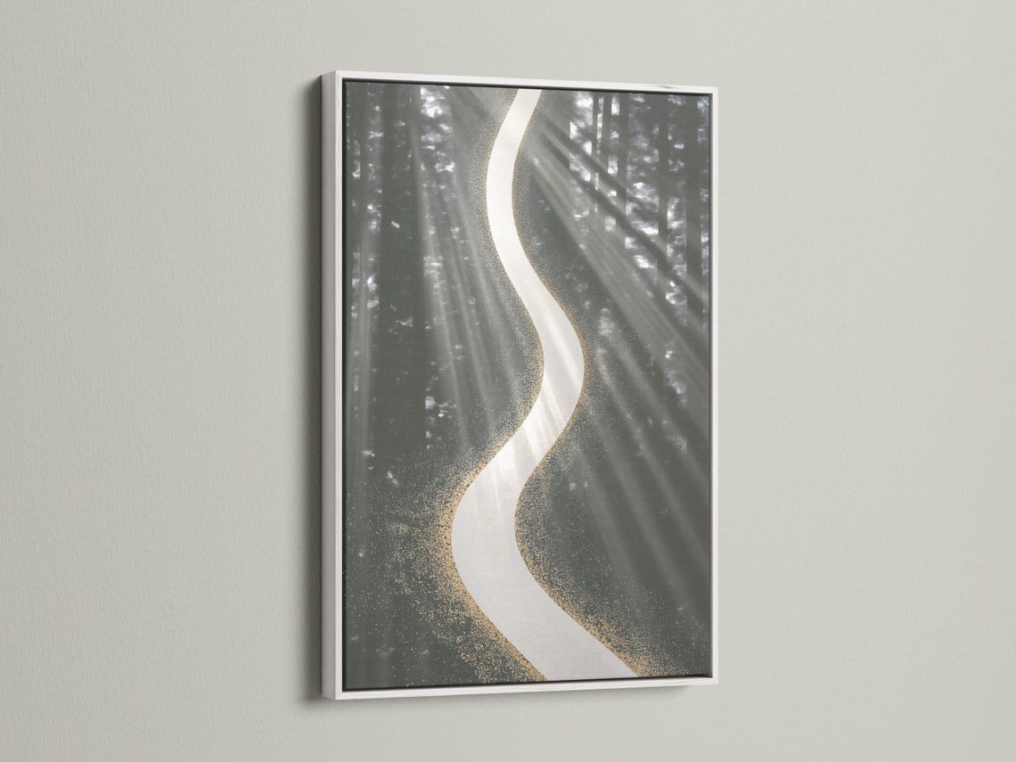 Abstract charcoal grey forest background with a large white curved ribbon and gold speckles detail view