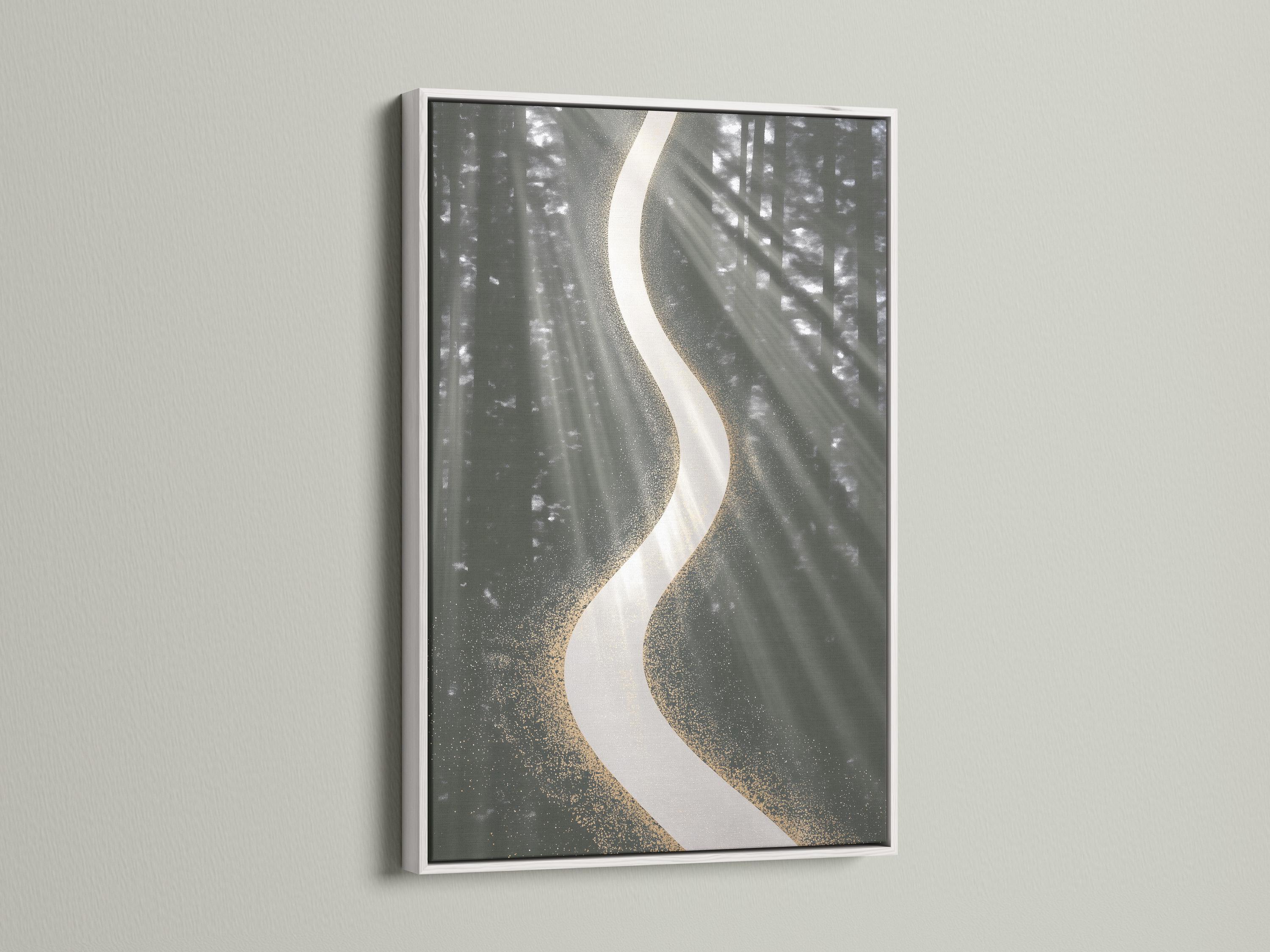 Abstract charcoal grey forest background with a large white curved ribbon and gold speckles detail view