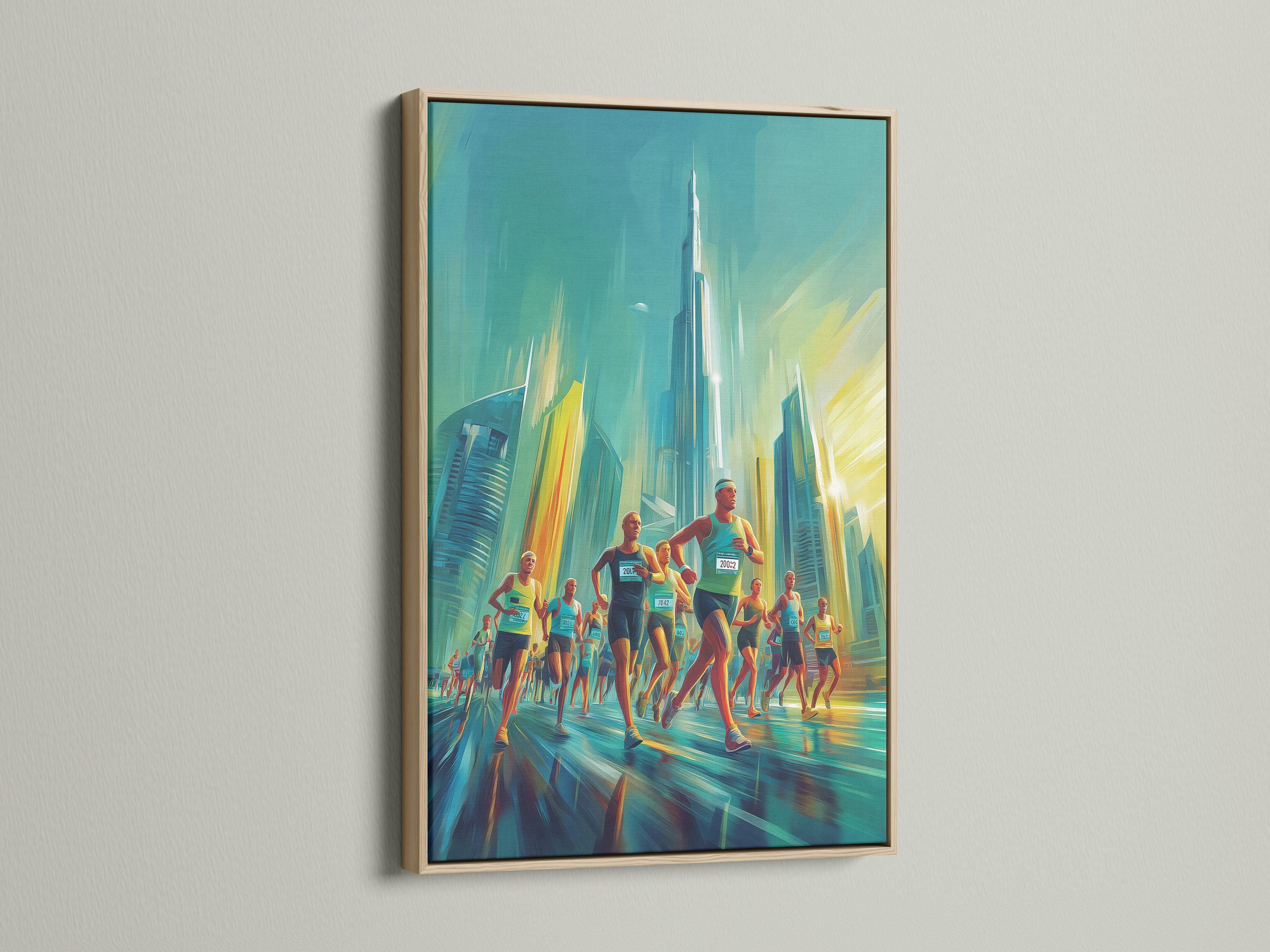 Teal urban marathon scene with runners in motion and a hazy city skyline detail view