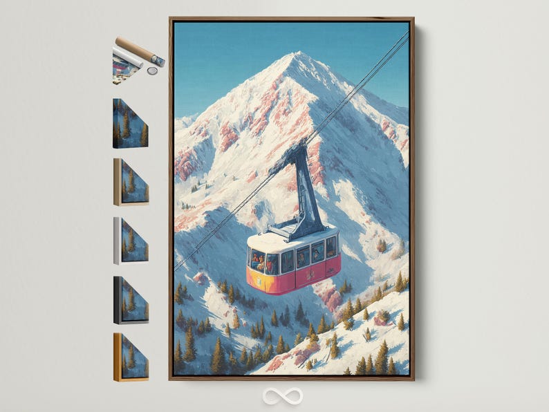 Illustrated alpine mountain scene with a cable car over snowy slopes and a tall peak
