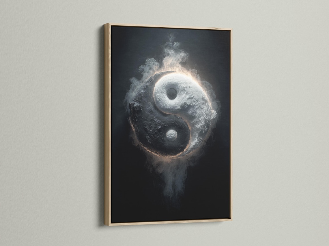 Monochrome yin yang symbol with smoky swirling texture and a glowing rim on a dark background detail view