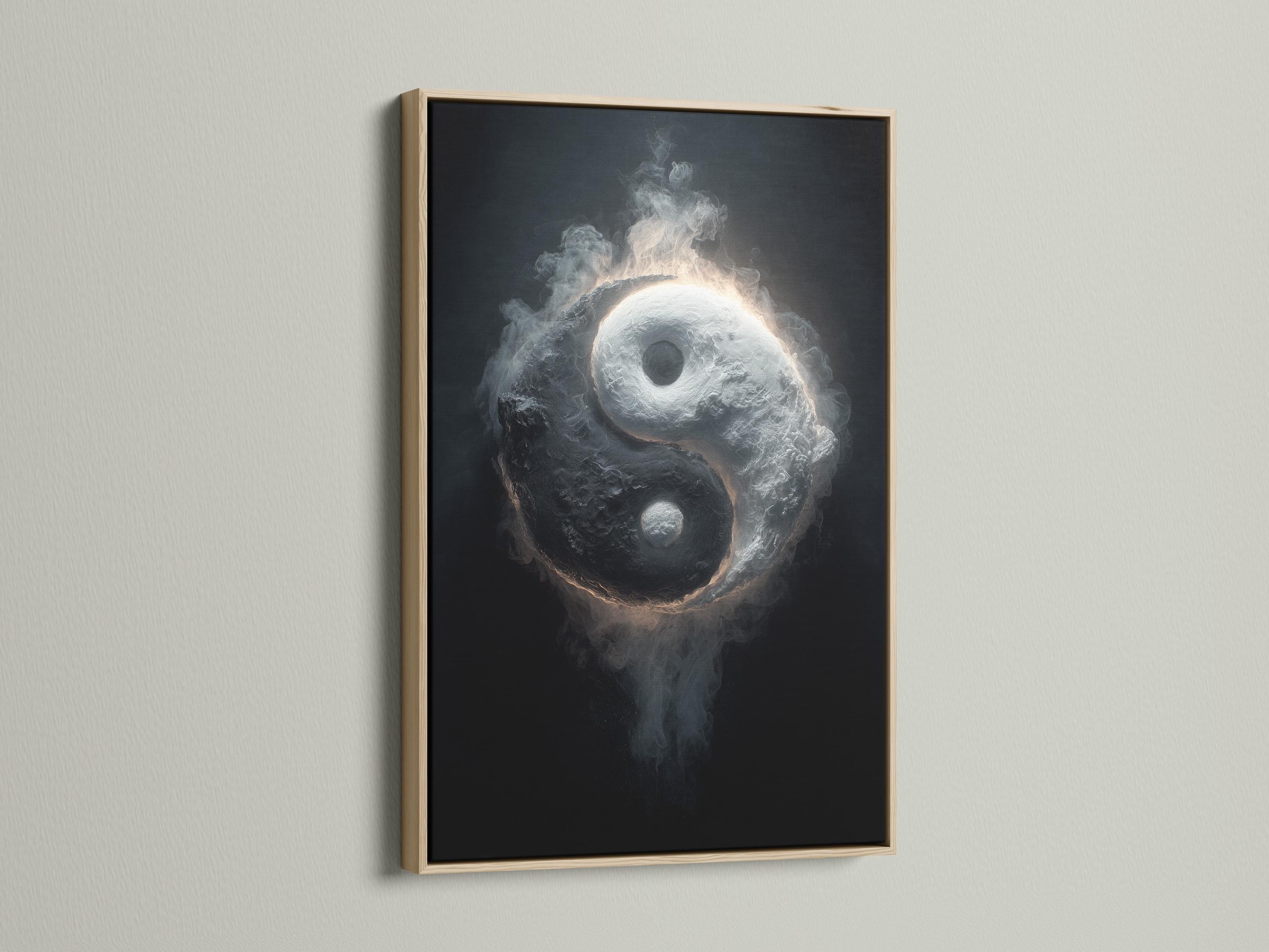 Monochrome yin yang symbol with smoky swirling texture and a glowing rim on a dark background detail view