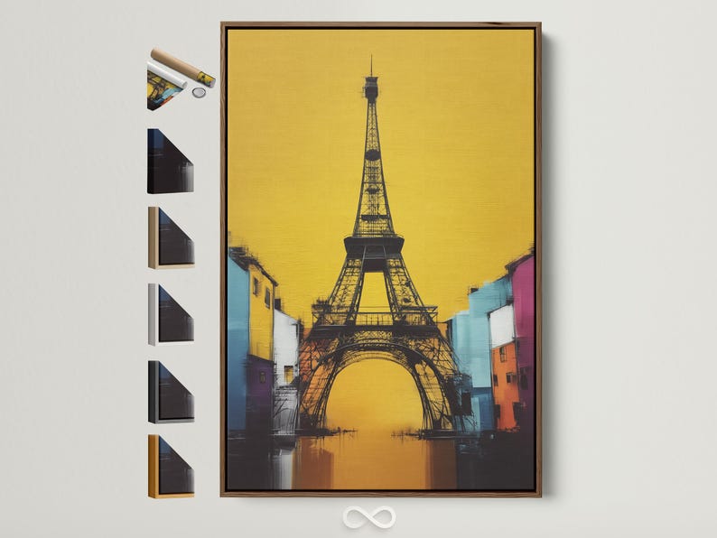 Stylised Eiffel Tower in black with a bright yellow background and colourful city buildings