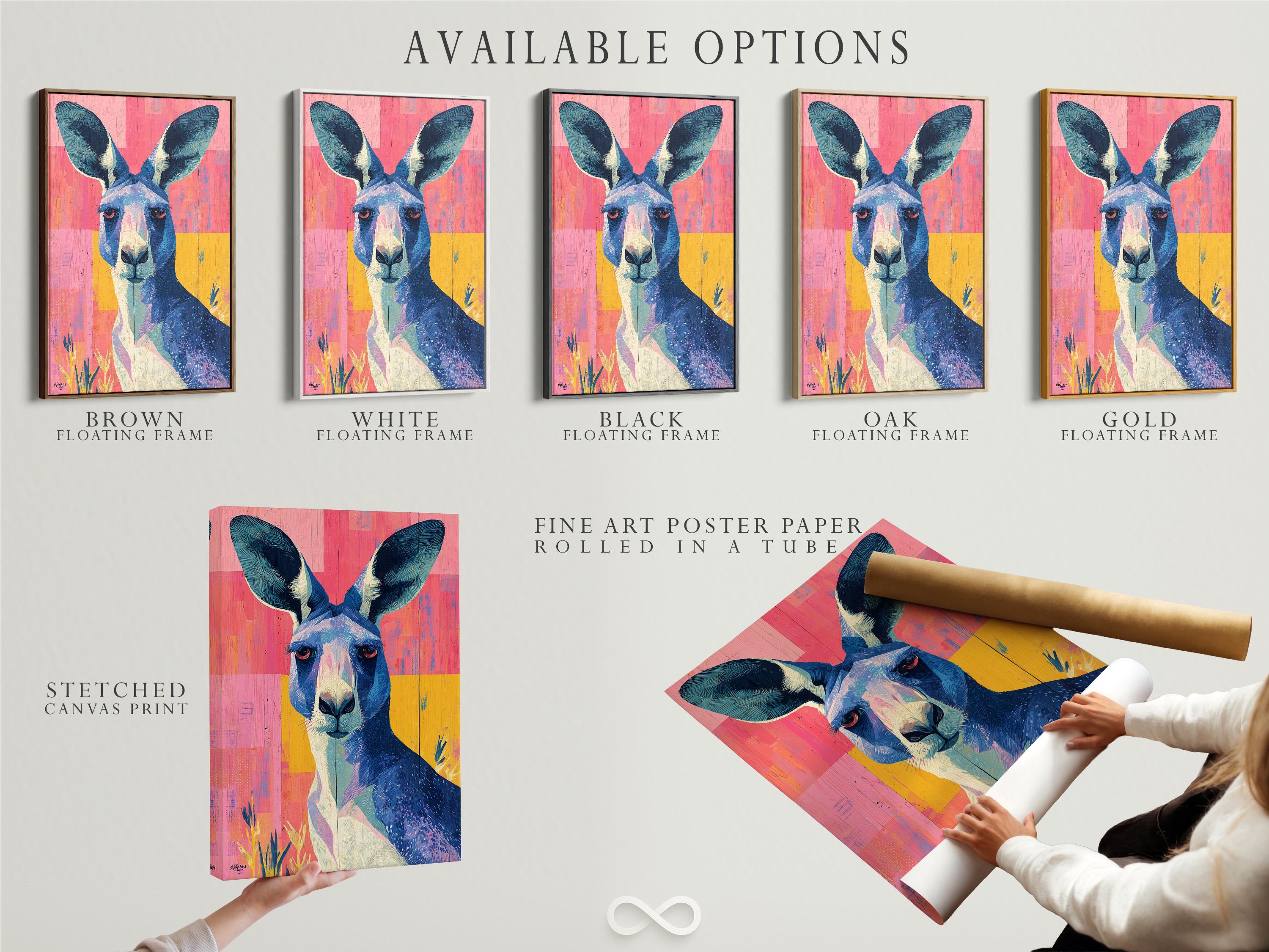 Stylised kangaroo portrait in deep blue and cream on a hot pink and yellow colour-block background detail view