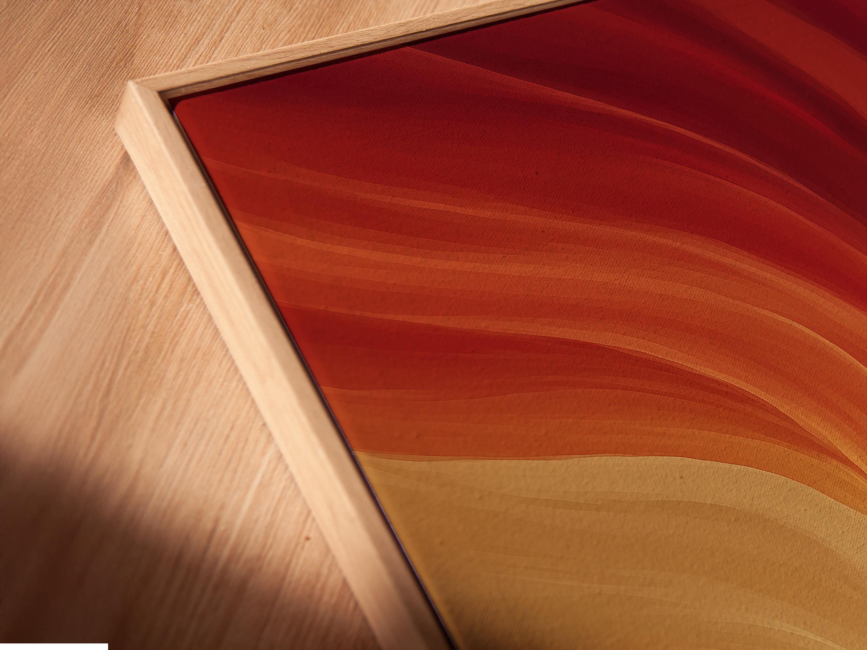 Portrait artwork of a red and blue superhero under warm orange and red energy swirls detail view