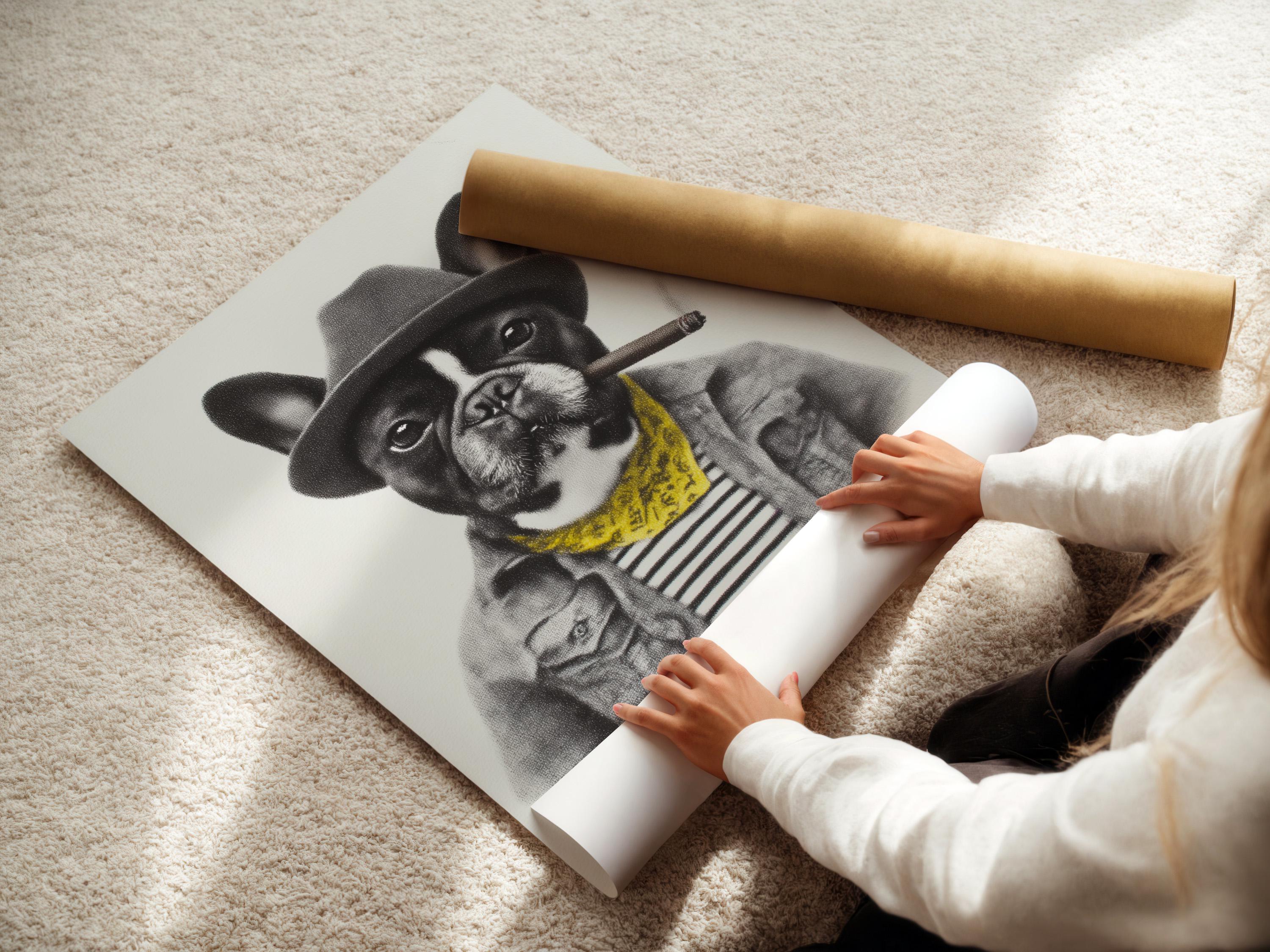 Black and white bulldog portrait wearing a hat and yellow scarf with a cigar detail view