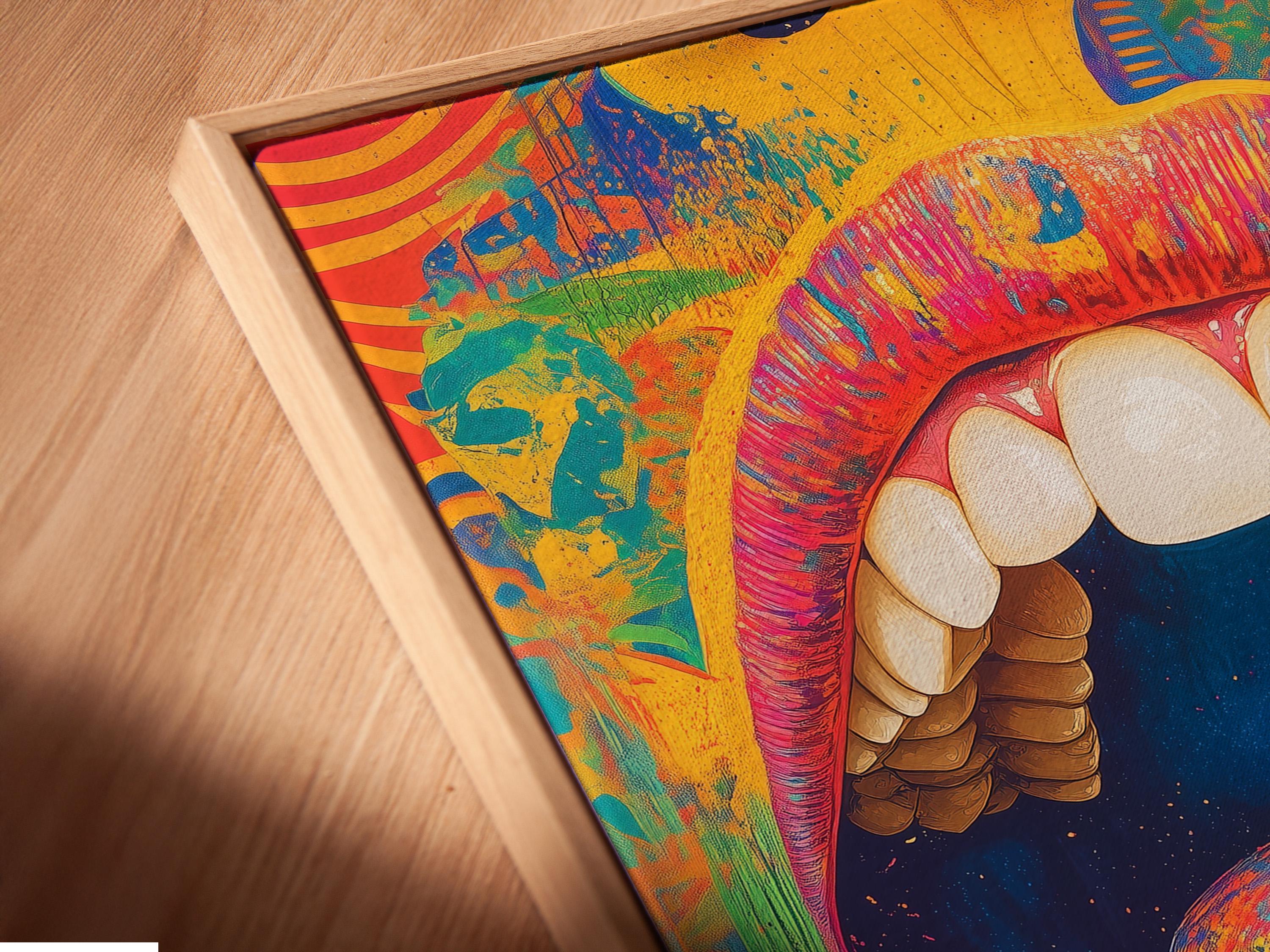 Surreal pop-art mouth with detailed teeth and a bright heart centre in vibrant colour blocks detail view