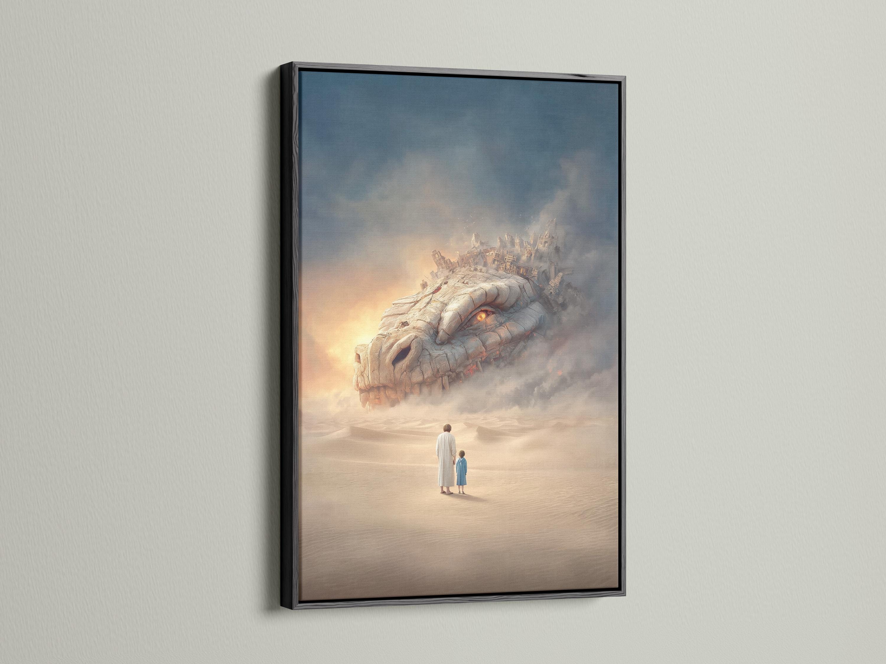 Room mockup showing framed fantasy dragon desert artwork