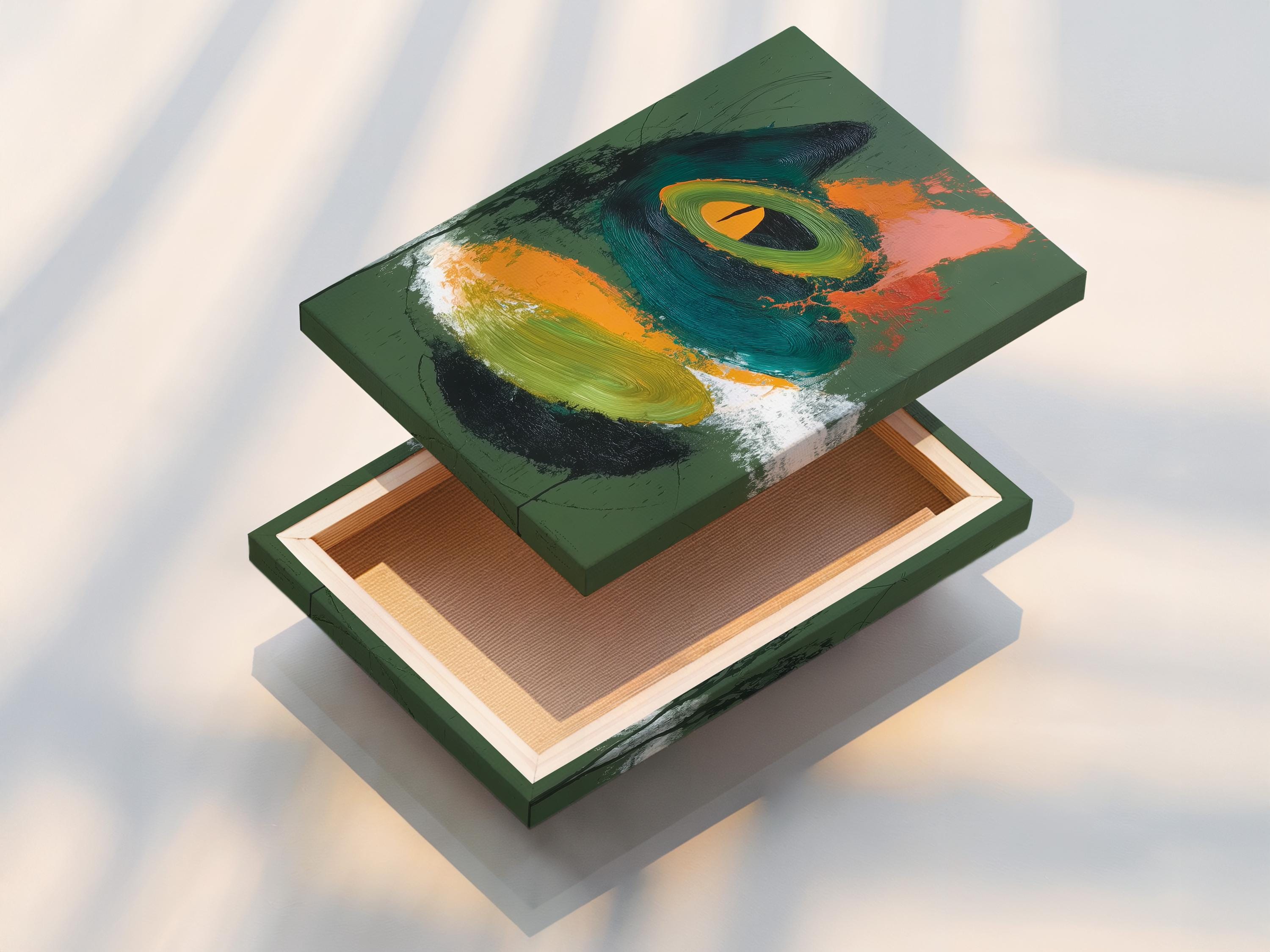 Abstract cat face artwork with green background, teal swirls and orange highlight detail view