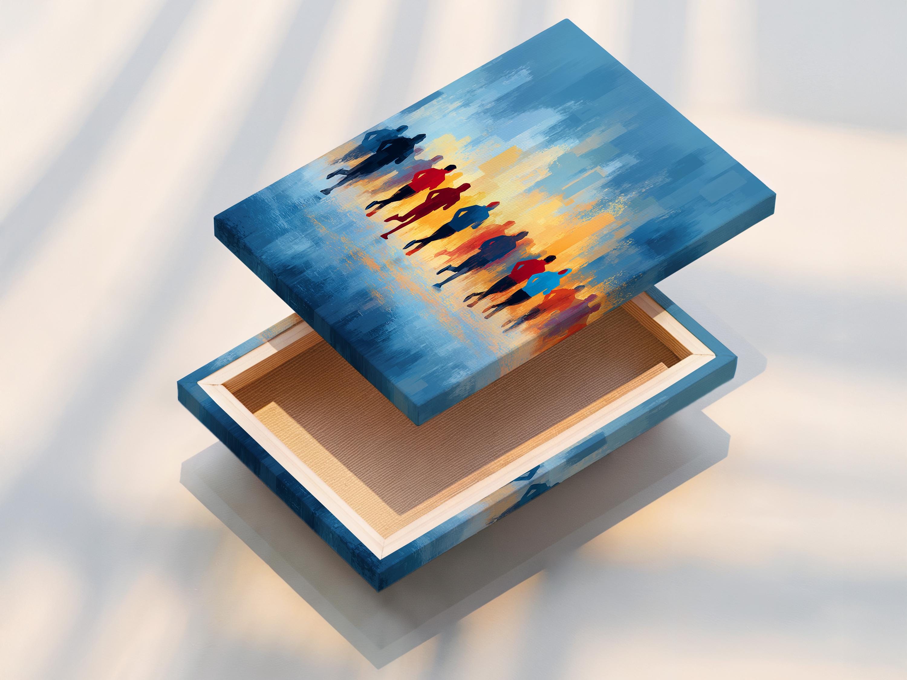 Abstract runners silhouette scene with blue skyline and warm orange horizon glow detail view