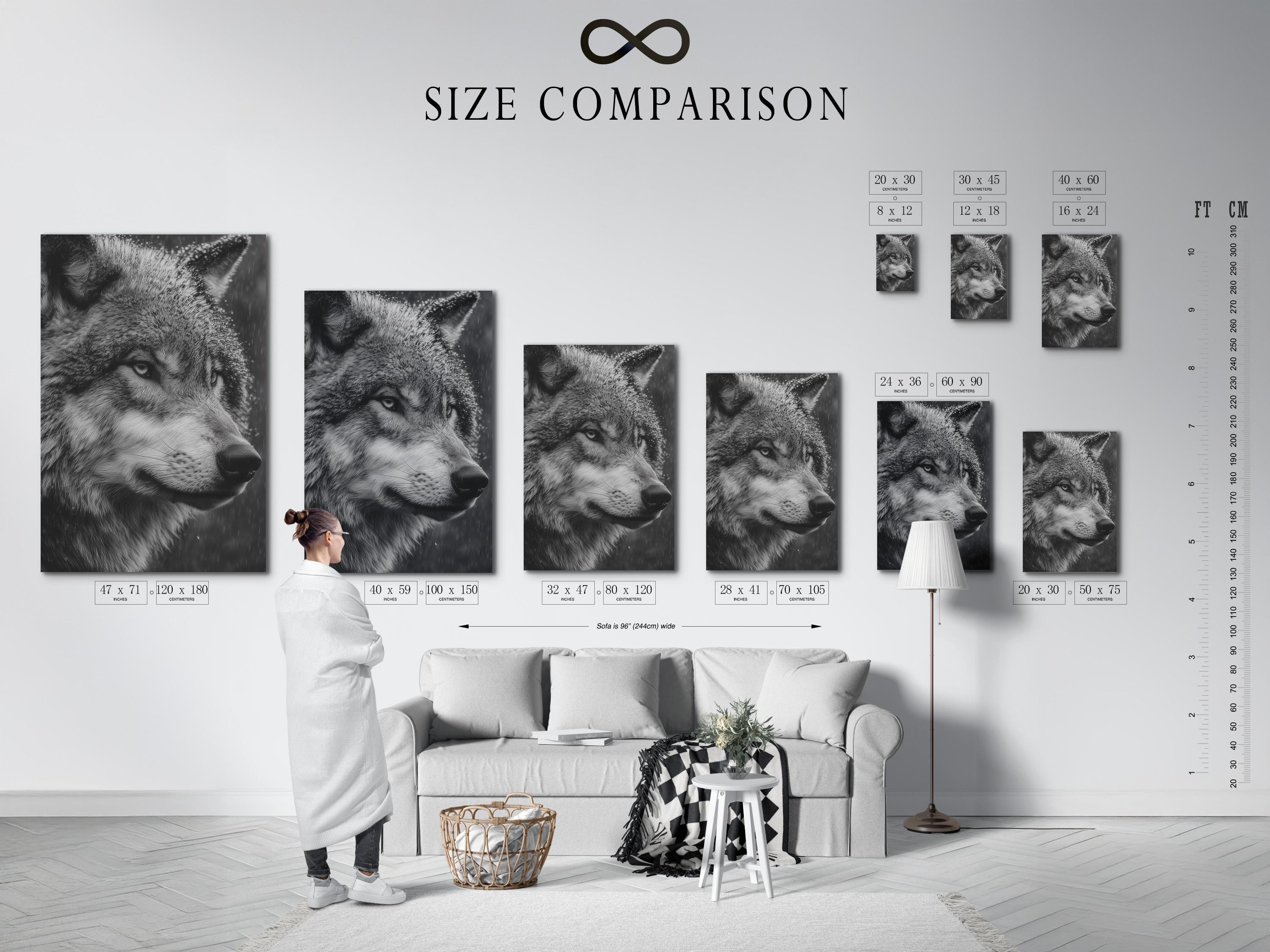 Monochrome wolf portrait artwork with detailed grayscale fur and a dark smoky background detail view