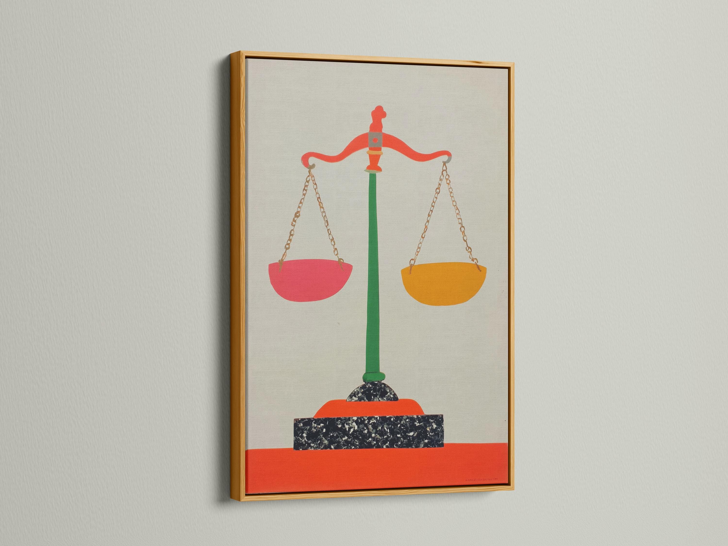 A stylised balance scale icon with a green stand and red and orange pans sits centrally on a pale background, framed by a thin border detail view
