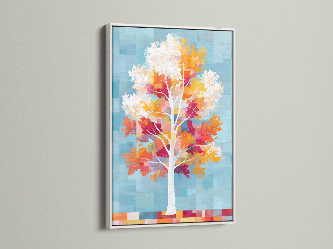 Stylised tree with white trunk, colourful autumn leaf blocks, and cool blue pixel background detail view