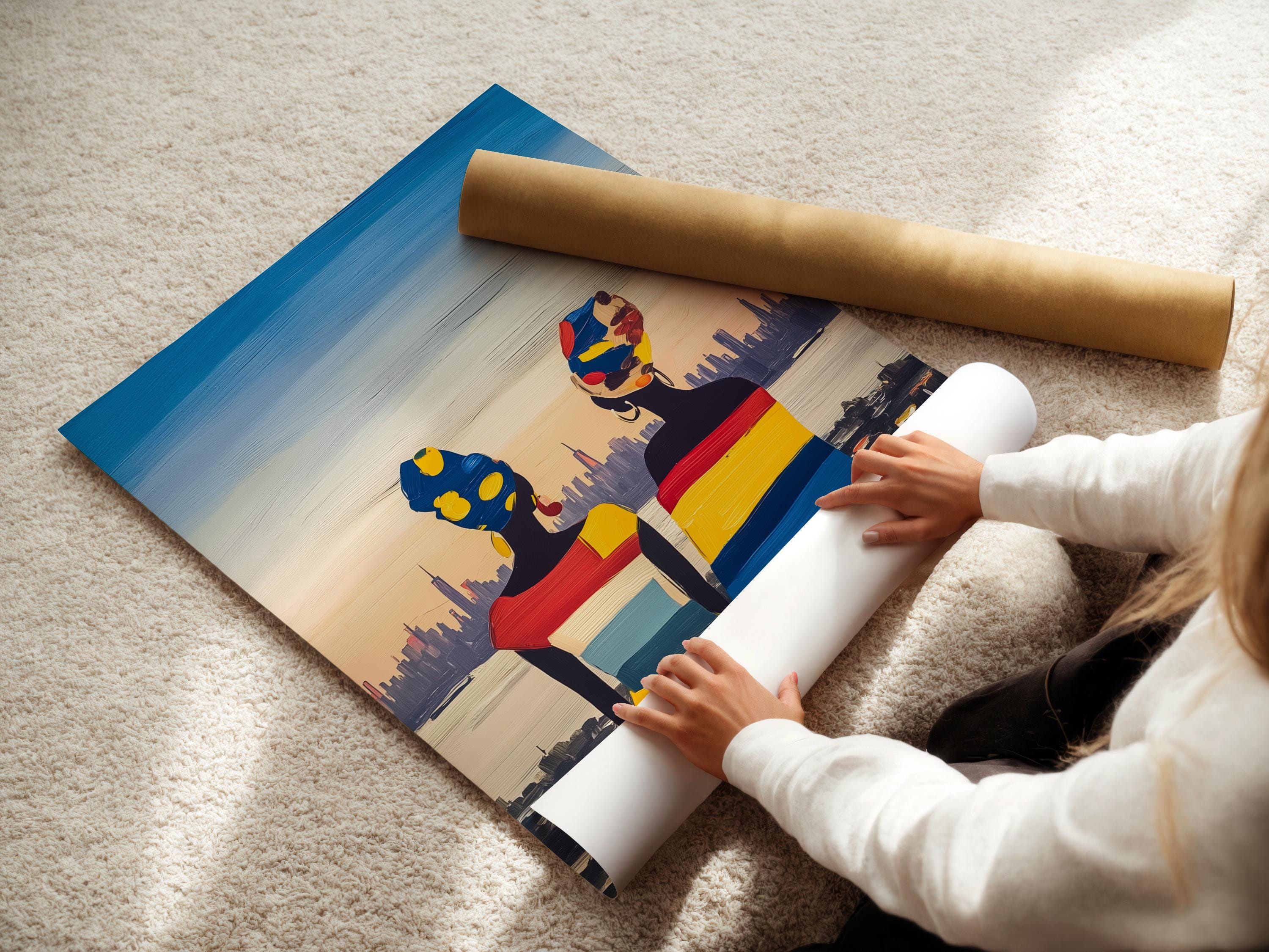 Framed artwork mockup showing two stylised women figures in bright colours with a city skyline background