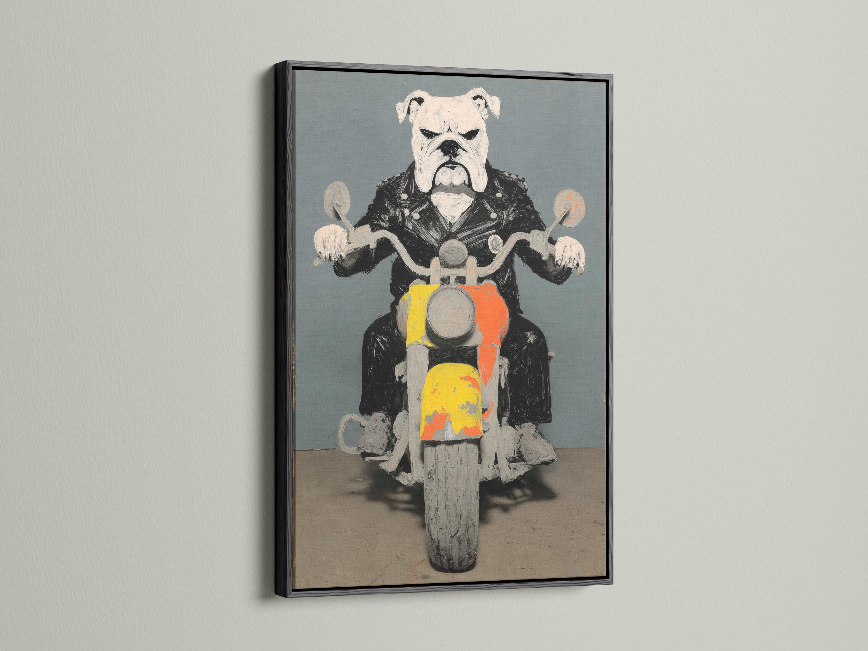 Stylised bulldog riding a motorcycle with orange and yellow accents against a blue-grey background detail view