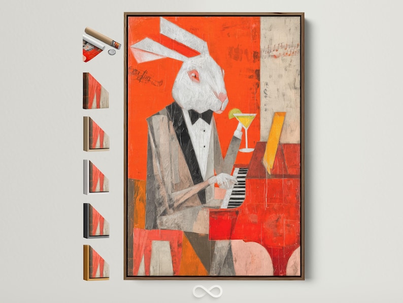Orange artwork of a rabbit pianist holding a martini beside a piano with music notes