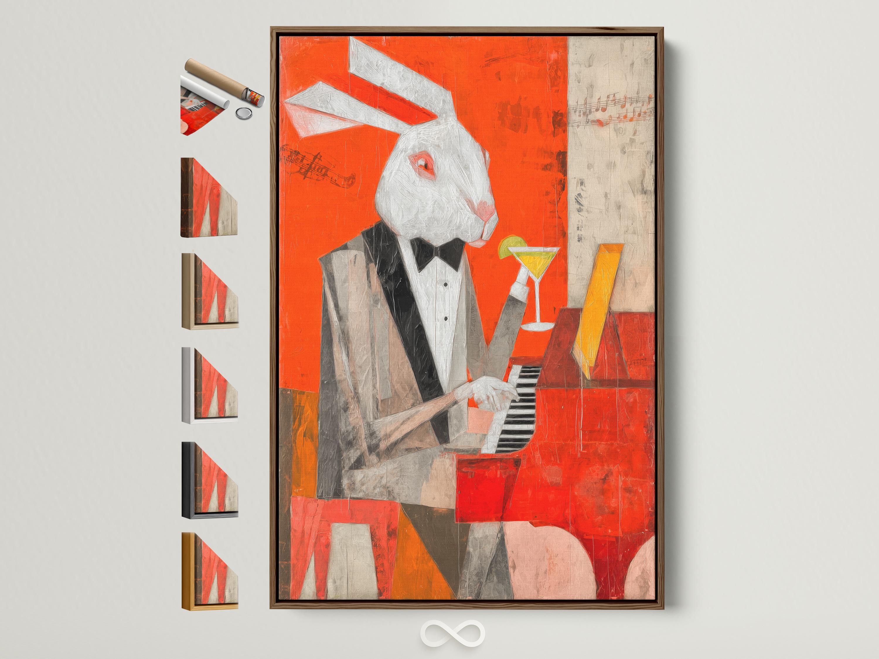 Orange artwork of a rabbit pianist holding a martini beside a piano with music notes