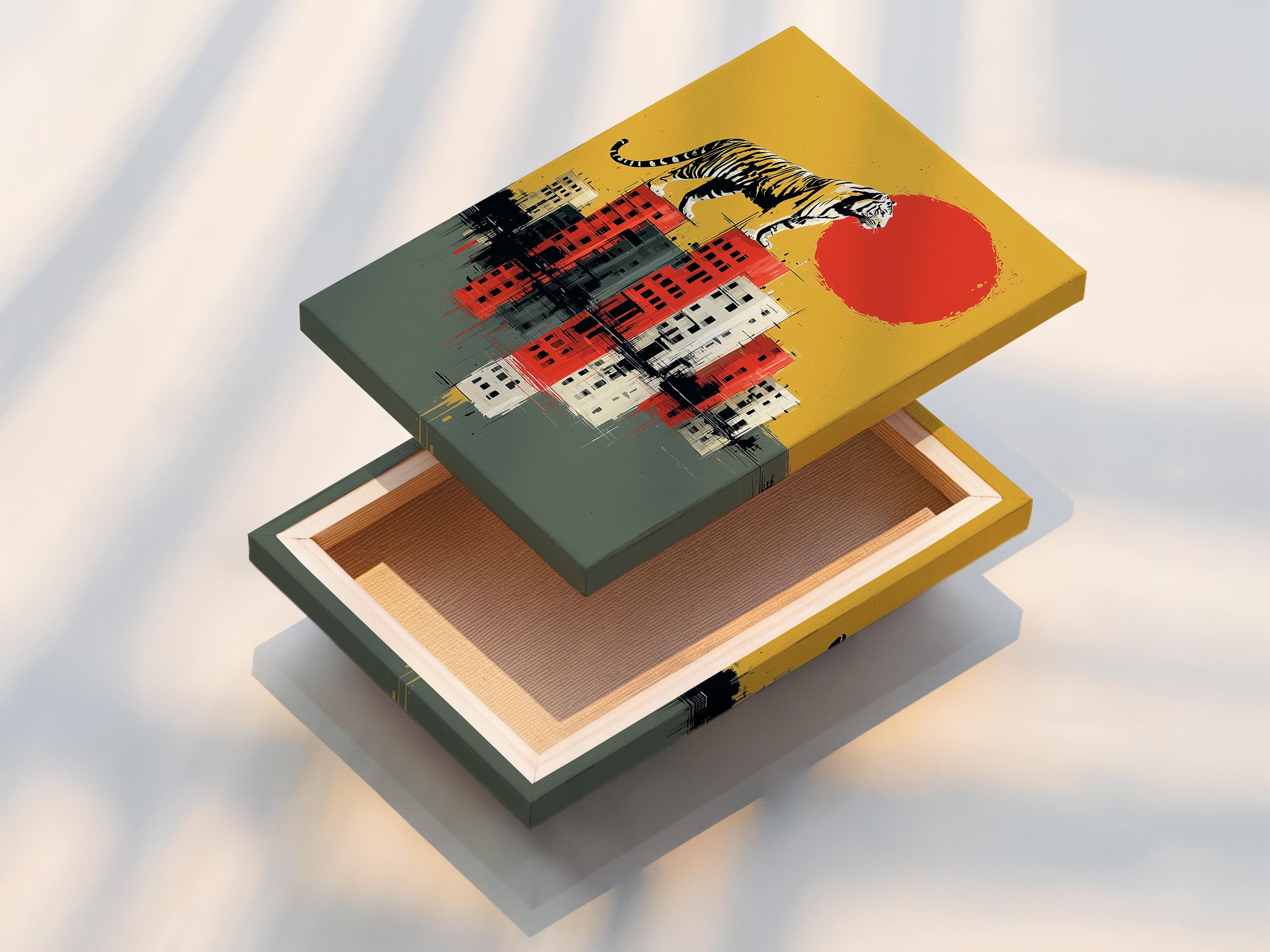 Stylised tiger standing above a blocky cityscape with mirrored reflections in ochre and red detail view