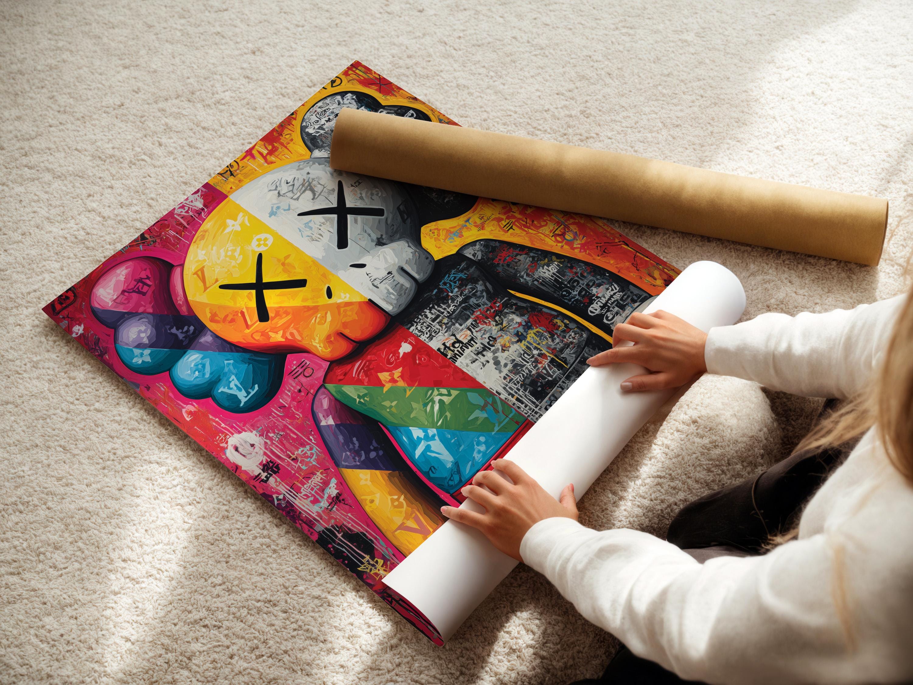 Vibrant graffiti pop art portrait with hot pink, yellow, blue and black-and-white sections detail view
