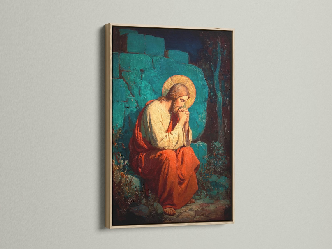 Painterly religious portrait of a kneeling praying figure with a glowing gold halo detail view