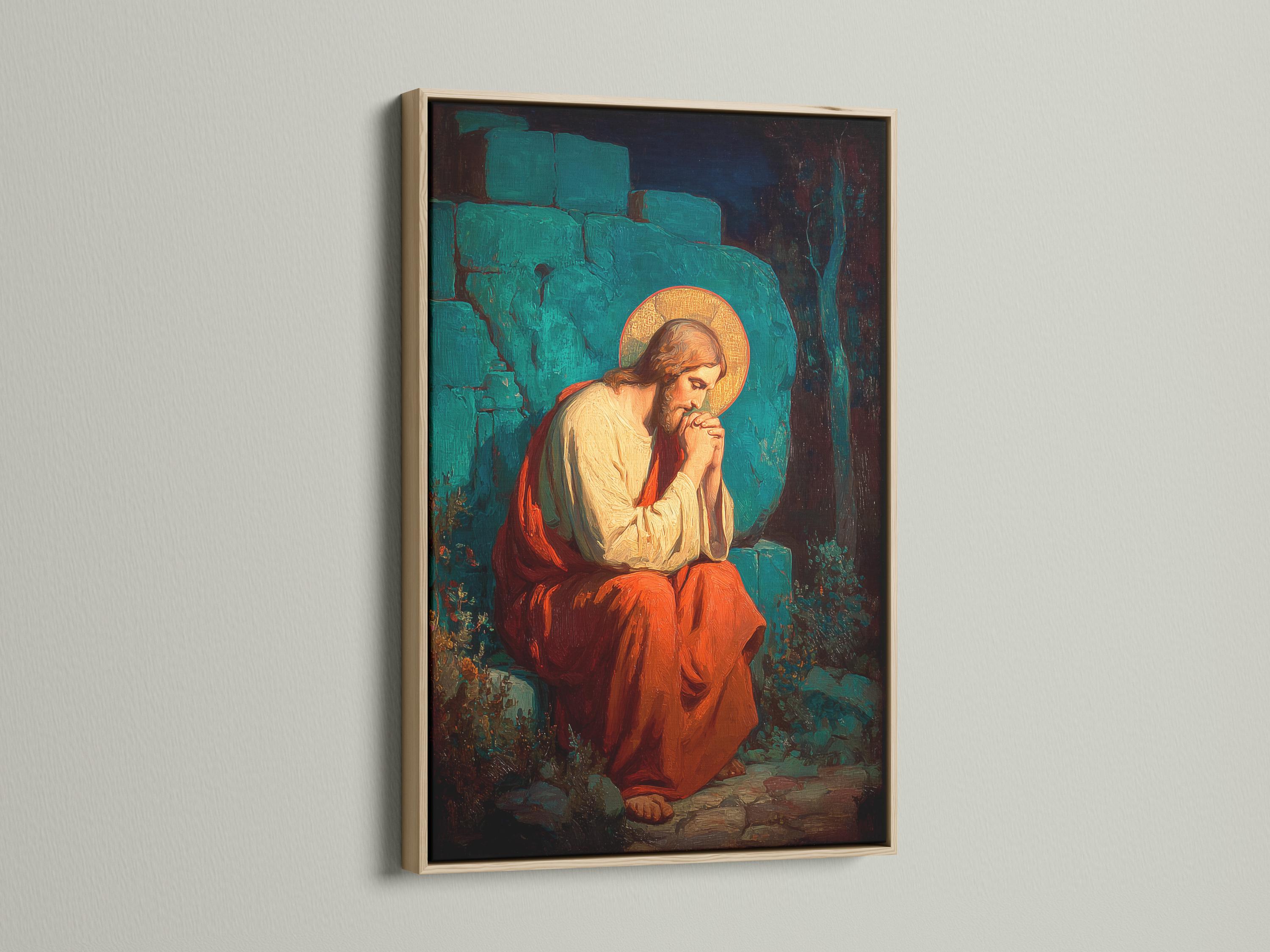 Painterly religious portrait of a kneeling praying figure with a glowing gold halo detail view