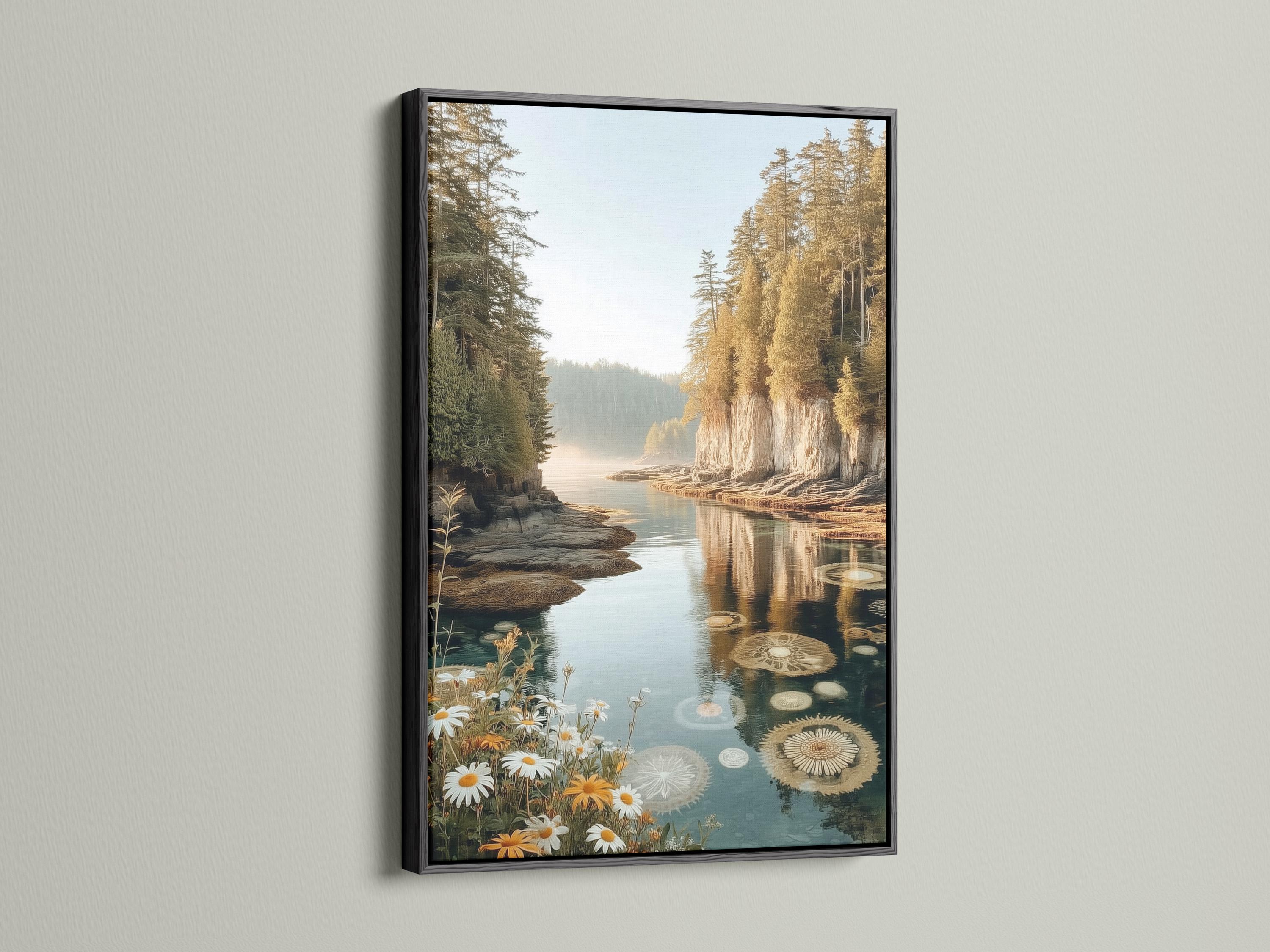 Wall mockup showing framed lake reflection artwork with wildflowers on a white background
