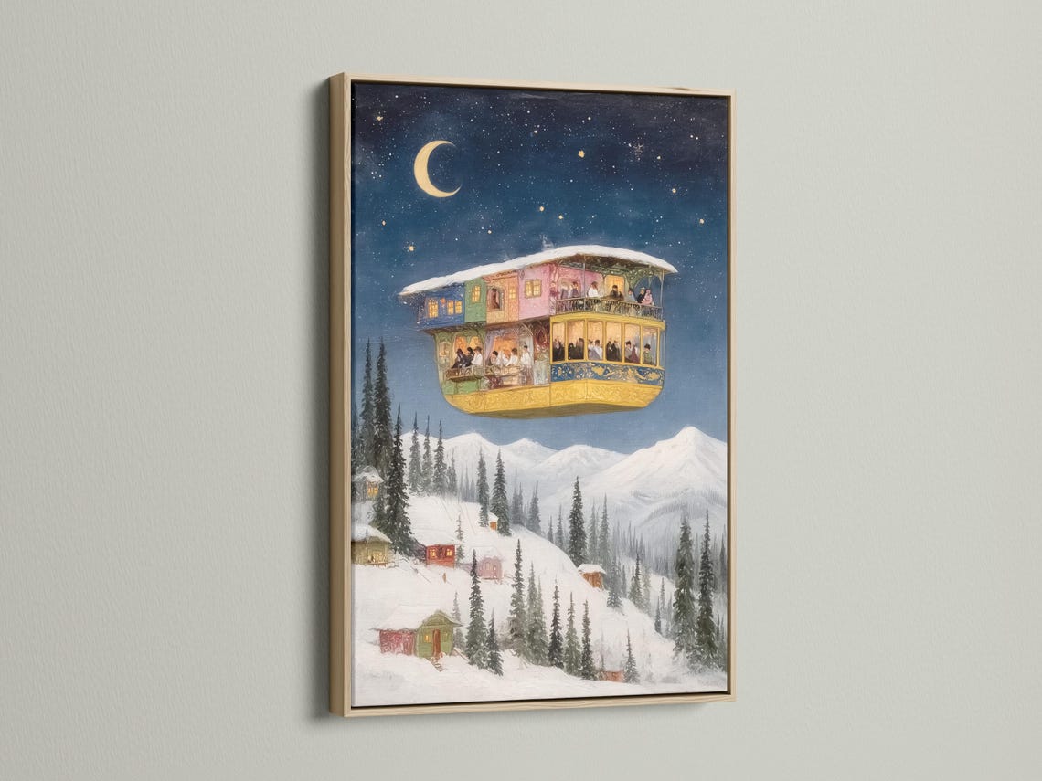 Floating house winter night scene with a large moon, starry sky, and snowy evergreen trees detail view