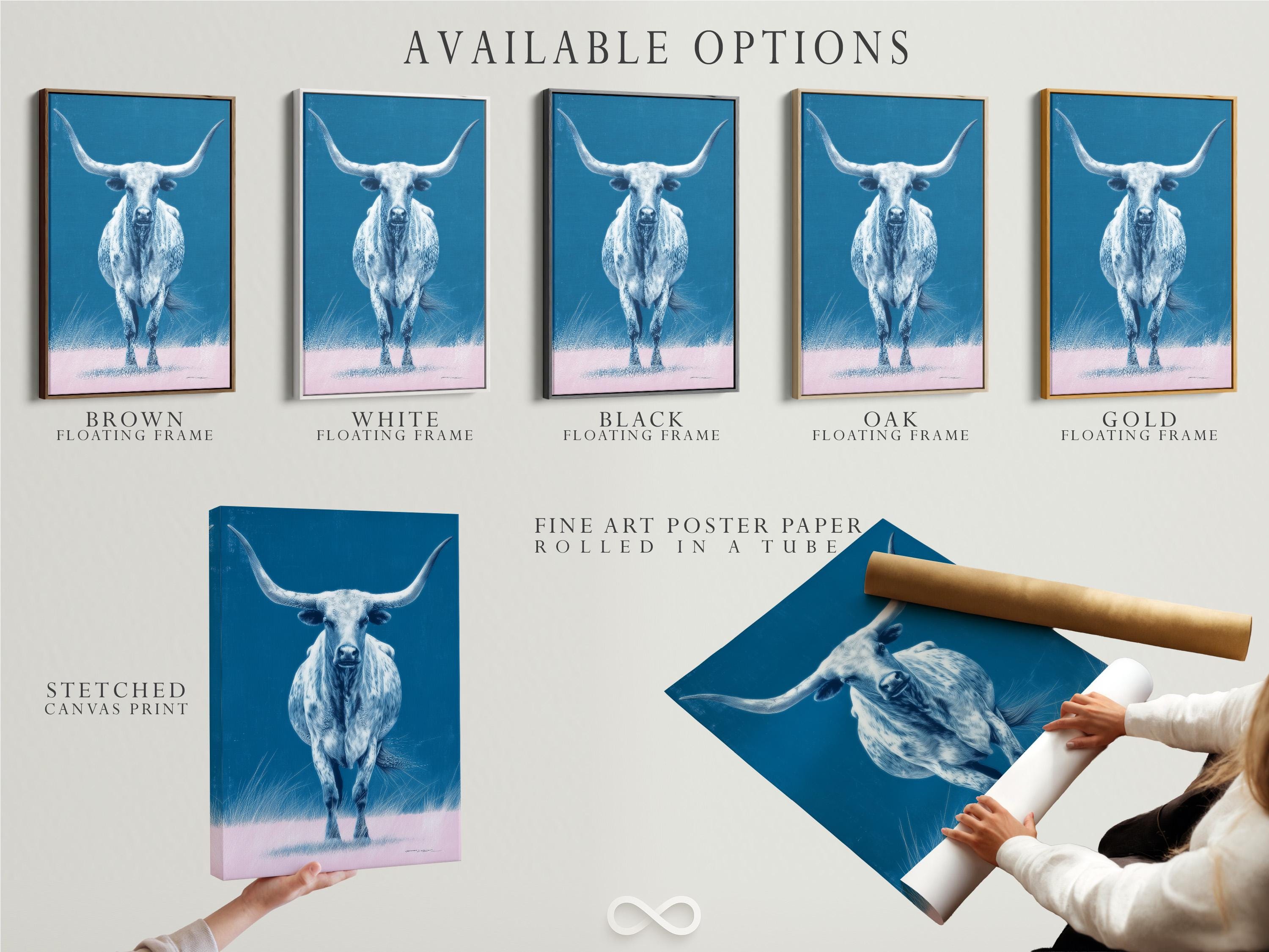 A blue-toned longhorn bull portrait with sweeping horns and a calm, painterly look, set against a bright sky-blue background and pale grass