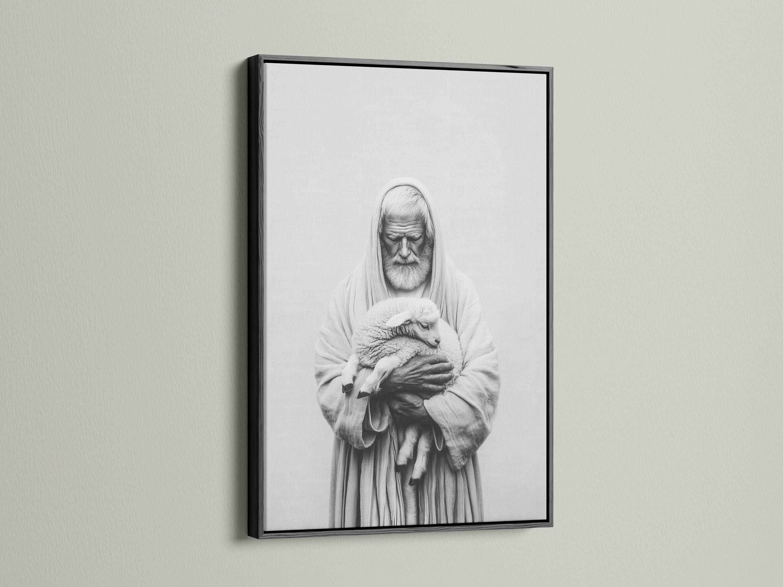 Room mockup showing a framed black-and-white portrait of a hooded shepherd holding a lamb