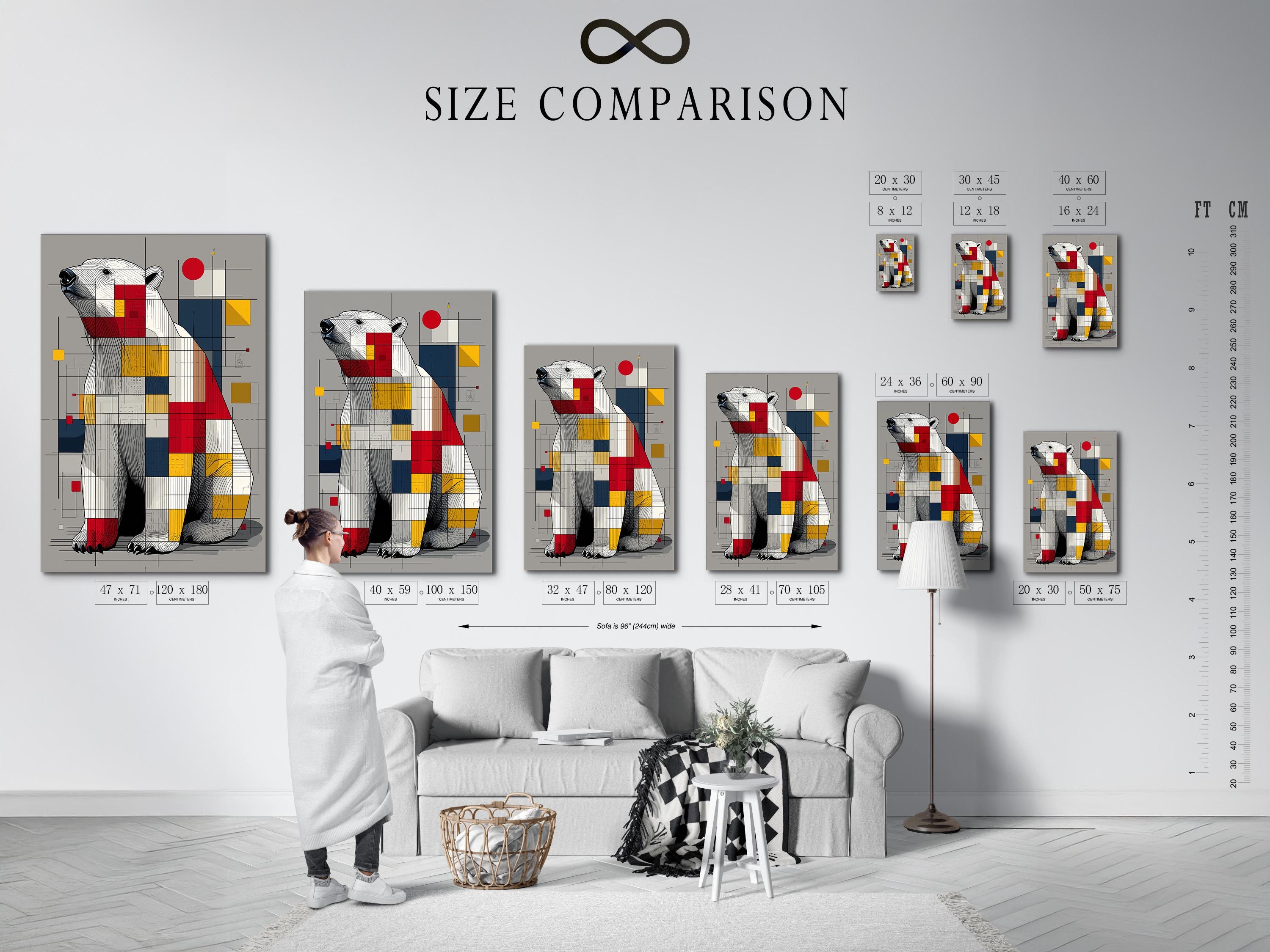 Room mockup showing framed geometric polar bear artwork on a wall