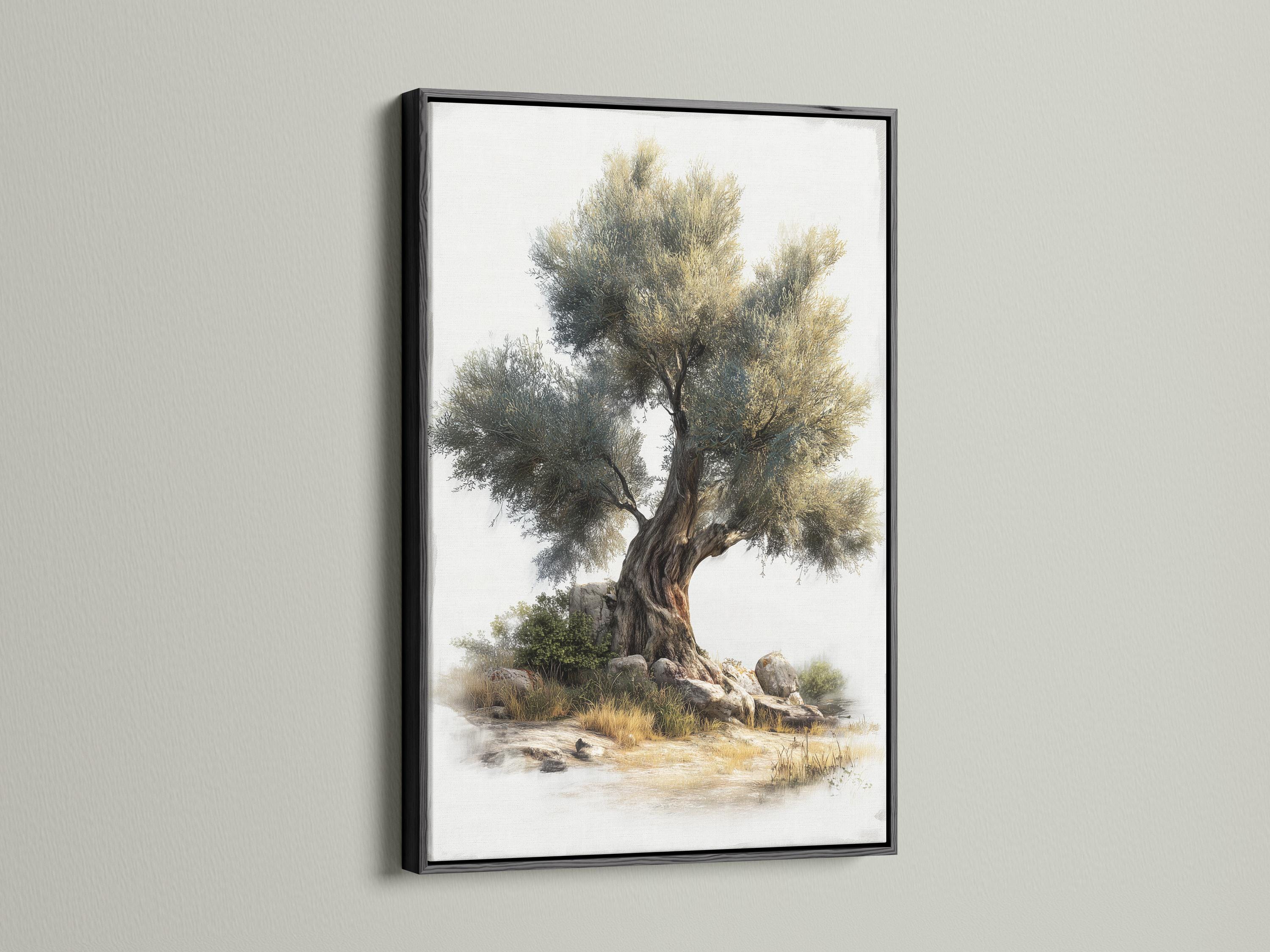 Painterly olive tree with dense green foliage above rocky riverbank and calm water in soft mist detail view