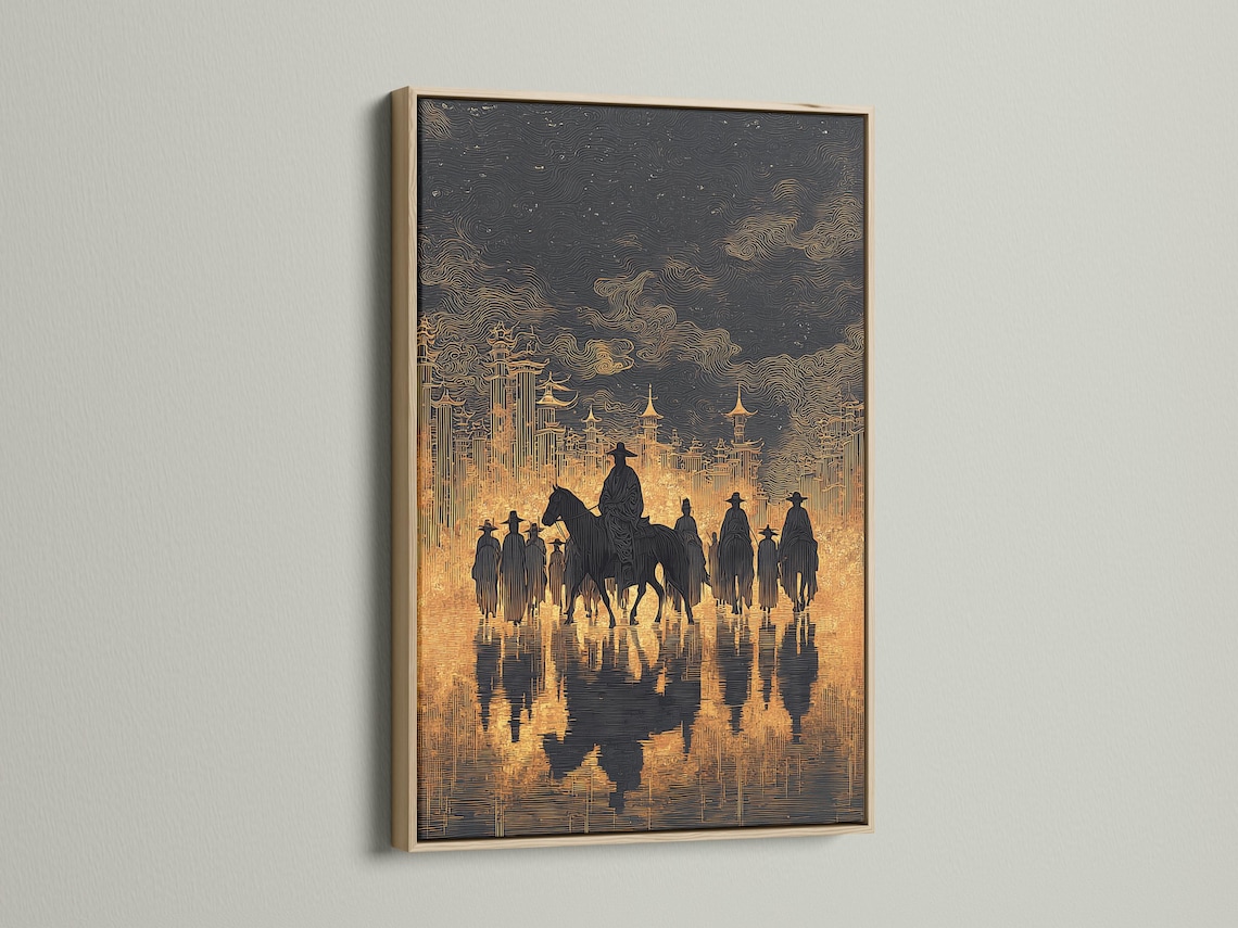 Cowboy riders on horseback in dark silhouettes with a black and gold skyline backdrop detail view